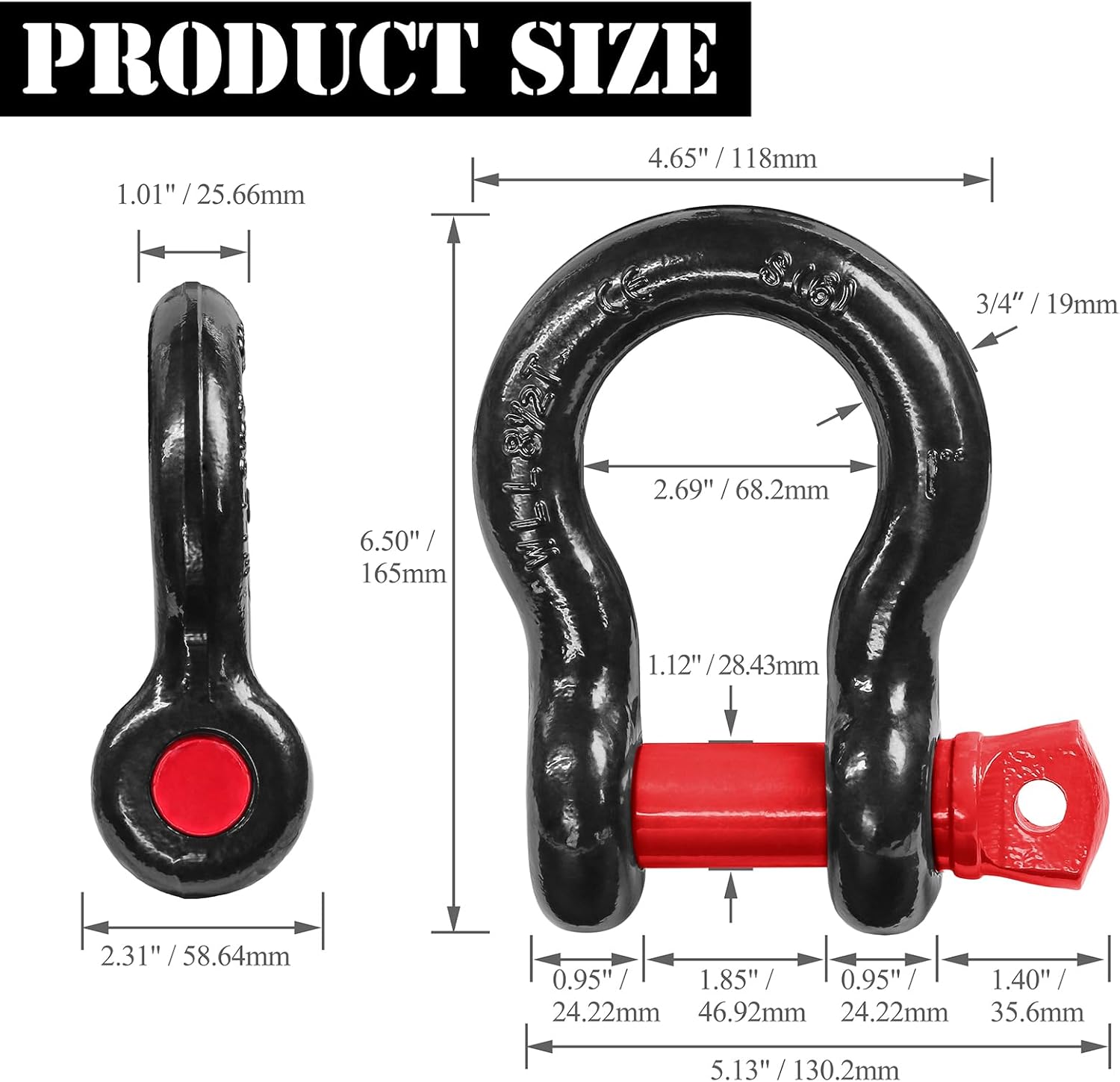 1" D Ring Shackle with 1-1/8" Screw Pin, 8.5T Working Load Limit (WLL) / 51T (112,436 lb) Minimum Breaking Strength (MBS) for Tow Strap Winch, Off-Road Vehicle Recovery (Black/Red, 2 Pack)