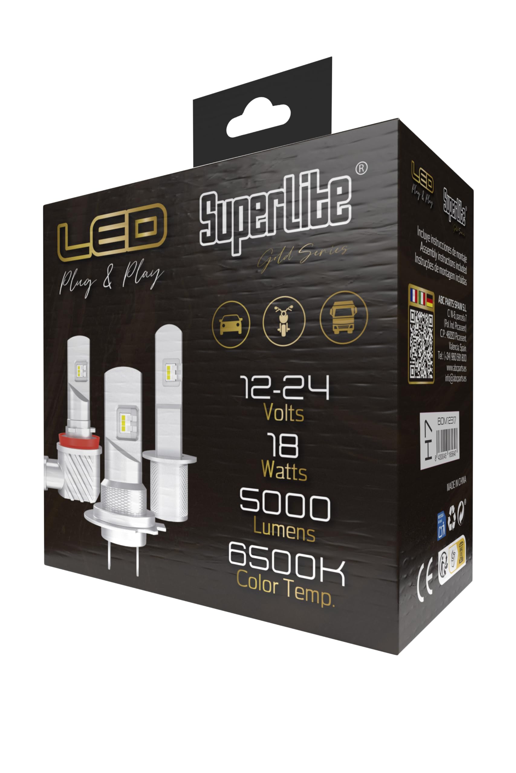 Kit de Lámparas Conversión Halógena to LED H7 Plug & Play Gold Series 6500K / 10000 Lumens / 12-24V / 18W Para Coche, Moto y Camión