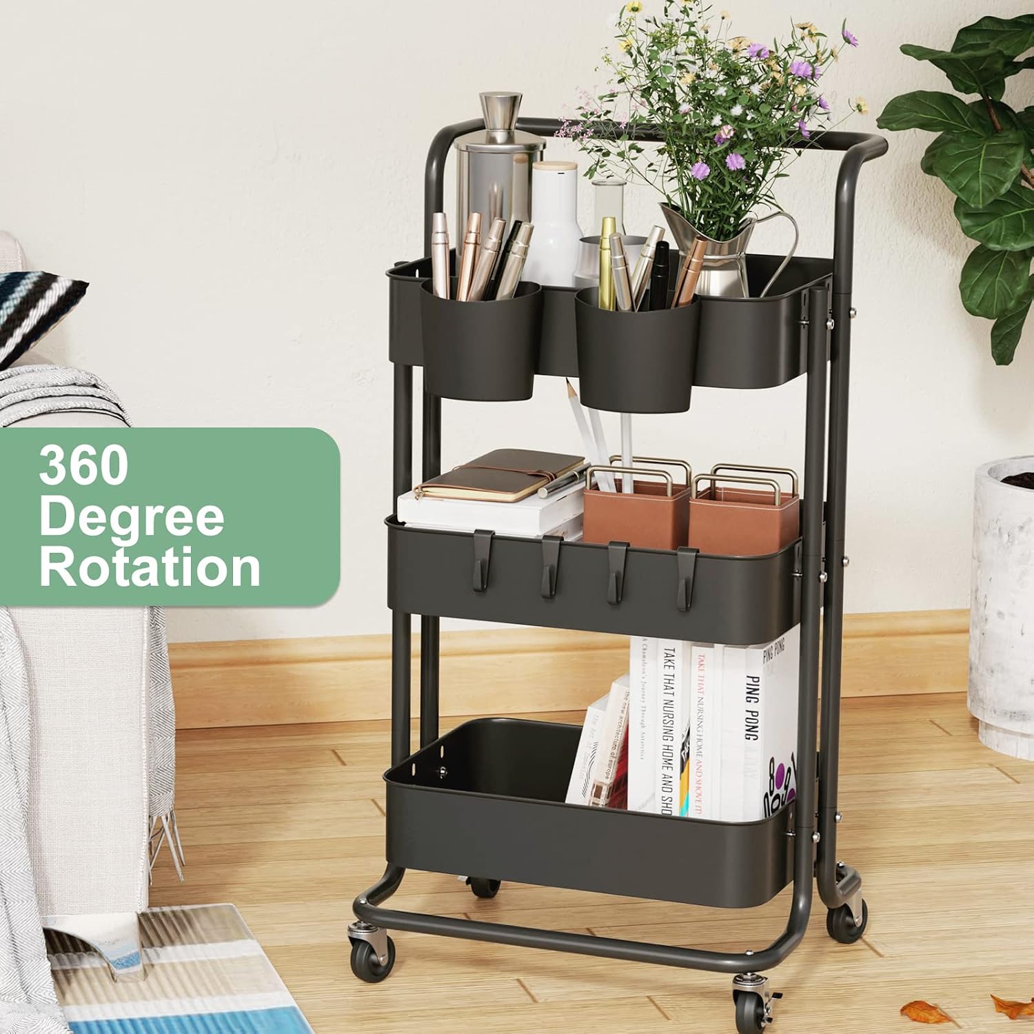 Three Tier Rolling Cart, Metal Utility Cart with Wheels, Roller Cart with Handles, Rolling Cart Organizer Metal Basket, 4 Hooks and 2 Hanging Bucket(Black)