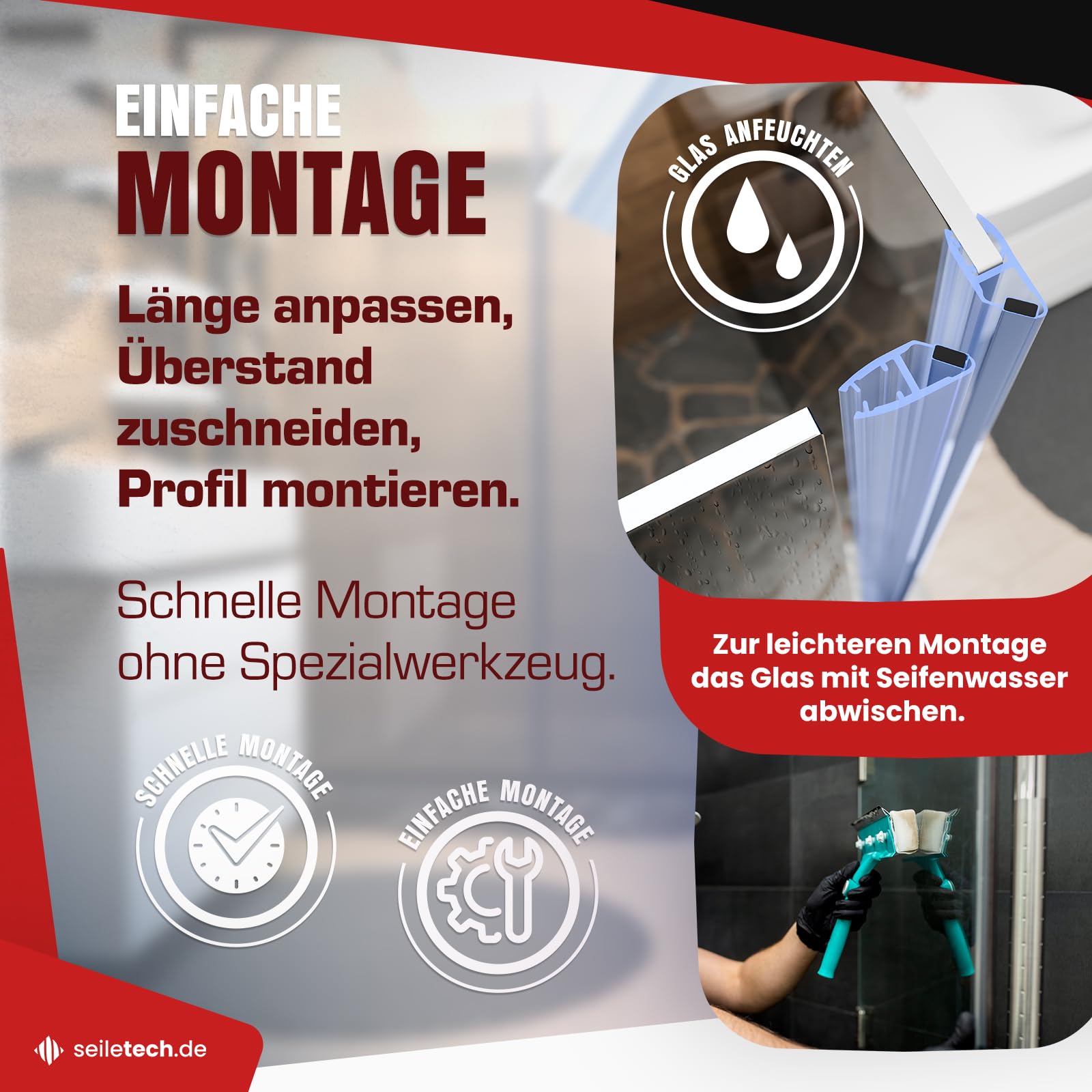 Junta magnética UM04 – 2 x 2 m – Junta para puerta de cristal de 6 mm 7 mm 8 mm – transparente – perfil repelente al agua – Junta de ducha – mampara de ducha – con borde de goma