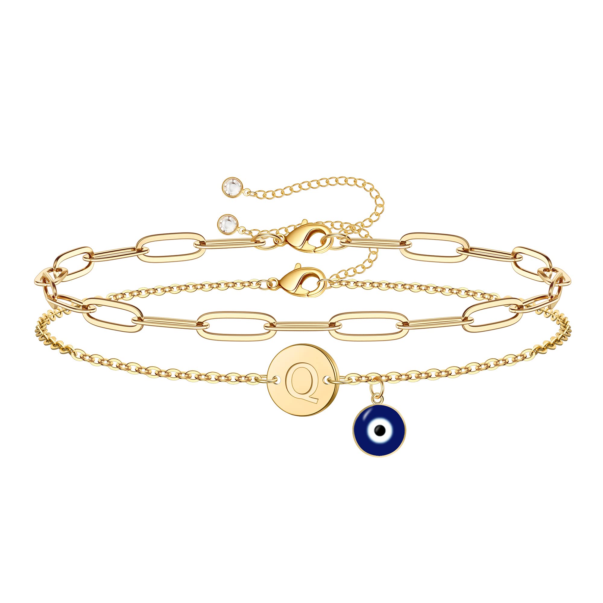 IEFWELL Gold Evil Eye Bracelets for Women, 14K Gold Plated Evil Eye Evil Eyeed Bracelets for Teen Girls Layered Evil Eye Bracelets for Women Initial Bracelets Dainty Evil Eye Jewelry