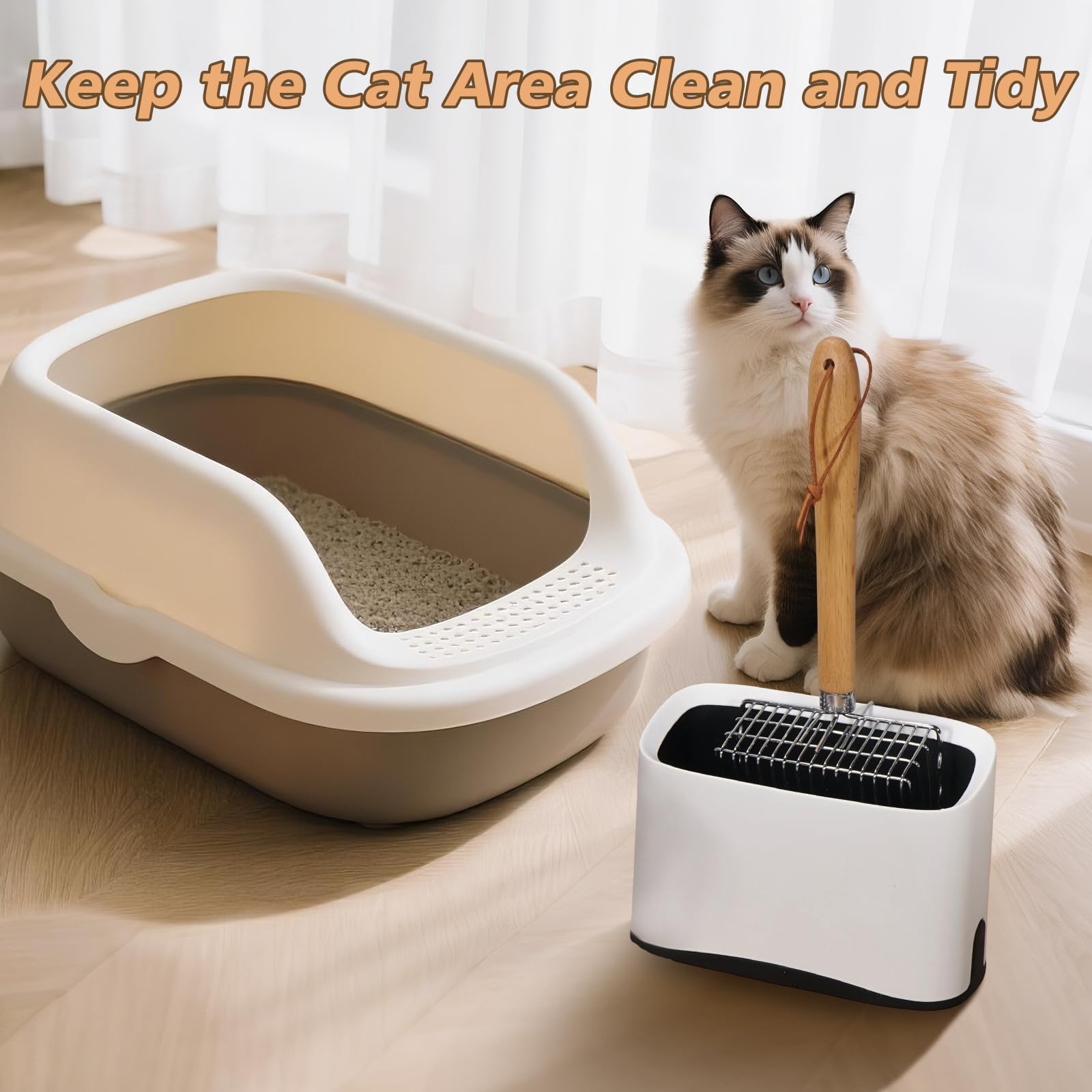 Metal Cat Litter Scoop with Holder, Poop Scooper with Stand and 2 Rolls of Garbage Bags, Heavy Duty Stainless Steel Shovel with Wooden, Quick Sifter for Easy Cleaning (Long handle-9.8" with Holder) - image 5