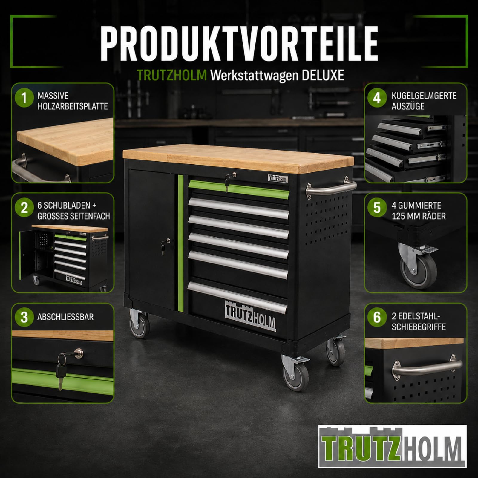 TRUTZHOLM Werkzeugwagen leer Deluxe, Werkstattwagen mit 6 Schubladen & Türfach, abschließbarer Werkzeugschrank rollbar mit Massivholz-Arbeitsplatte, fahrbare Werkbank 108 x 46,5 x 77 cm, grün/schwarz