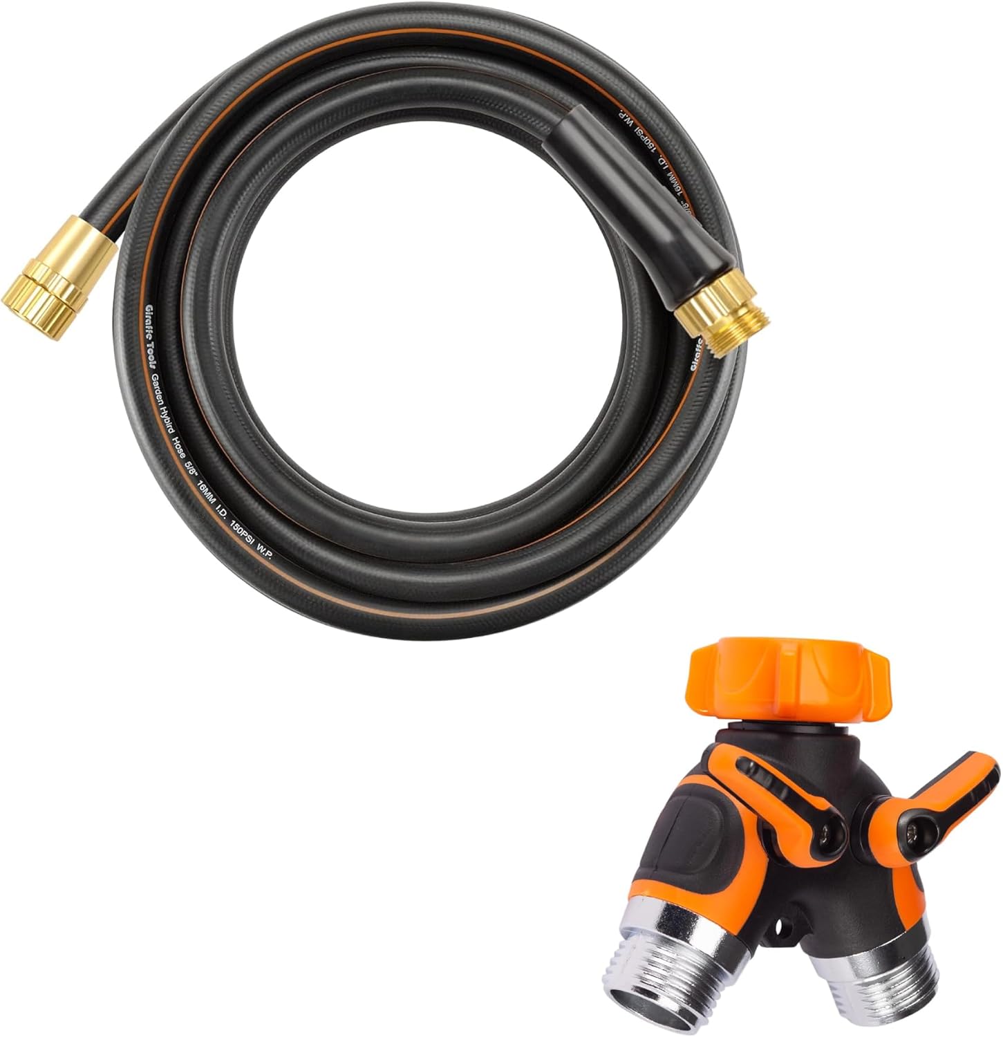 Giraffe Tools Garden Hose Splitter 2 Way Heavy Duty,3/4" GHT Y Connector,Brass Fitting,Separate and Short Leade 10 ft X 5/8 in‘’,Heavy Duty Garden Hose with Male to Female Fittings