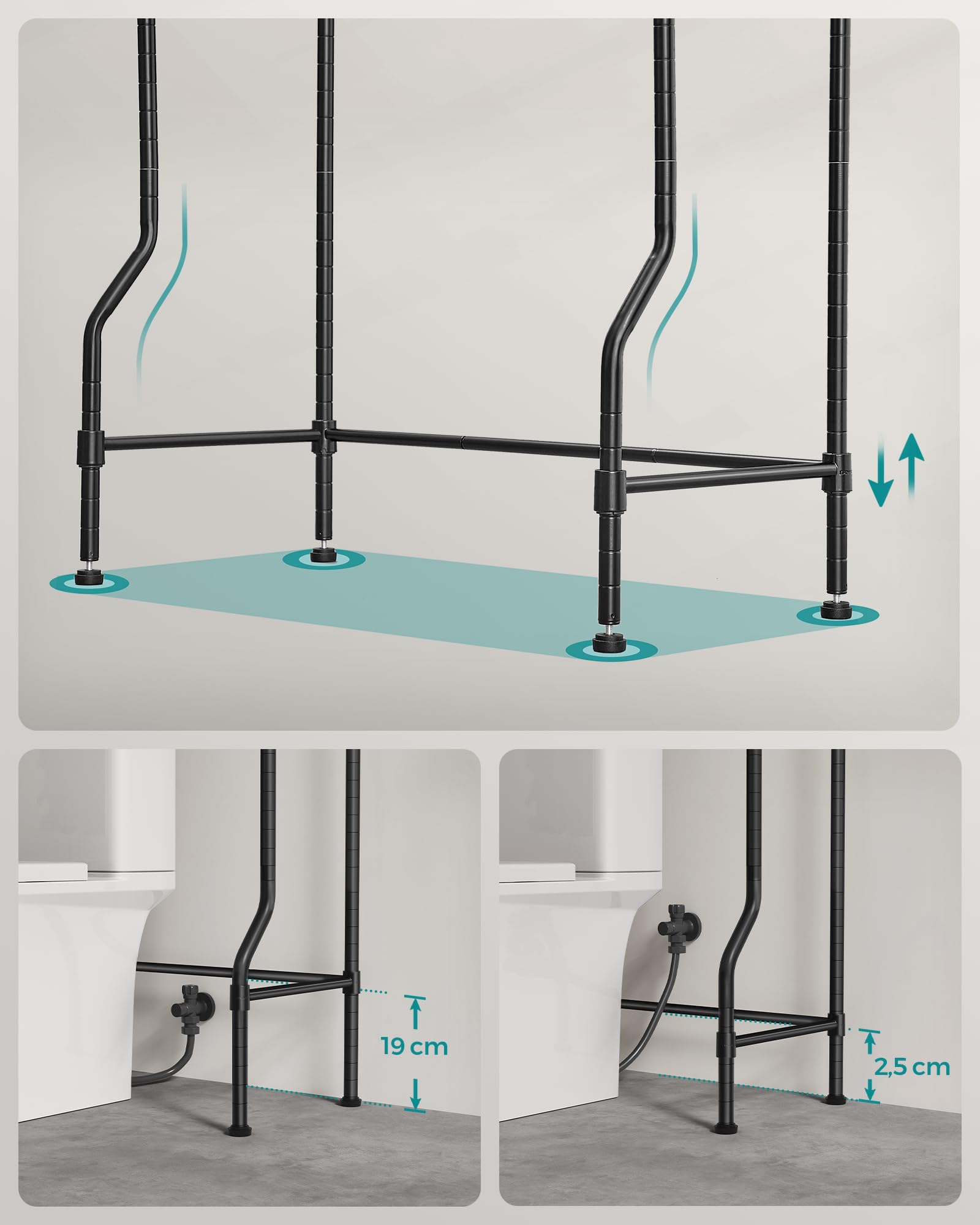 SONGMICS 4-laags toiletrek, badkamerrek, wasmachinerek, verstelbare planken, met haken, toiletpapierhouder, ruimtebesparend, 30 x 63 x 176 cm, zwart BTS013B01 SONGMICS 4-laags toiletrek, badkamerrek, wasmachinerek, verstelbare planken, met haken, toiletpapierhouder, ruimtebesparend, 30 x 63 x 176 cm, zwart BTS013B01