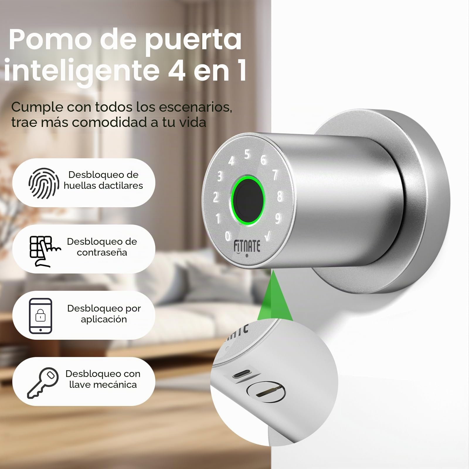 FITNATE 4 en 1 Smart Fingerprint Door Lock - Desbloqueo por huella dactilar, desbloqueo por contraseña, control por aplicación, llave de emergencia, apto para oficina, hogar y hotel, plateado