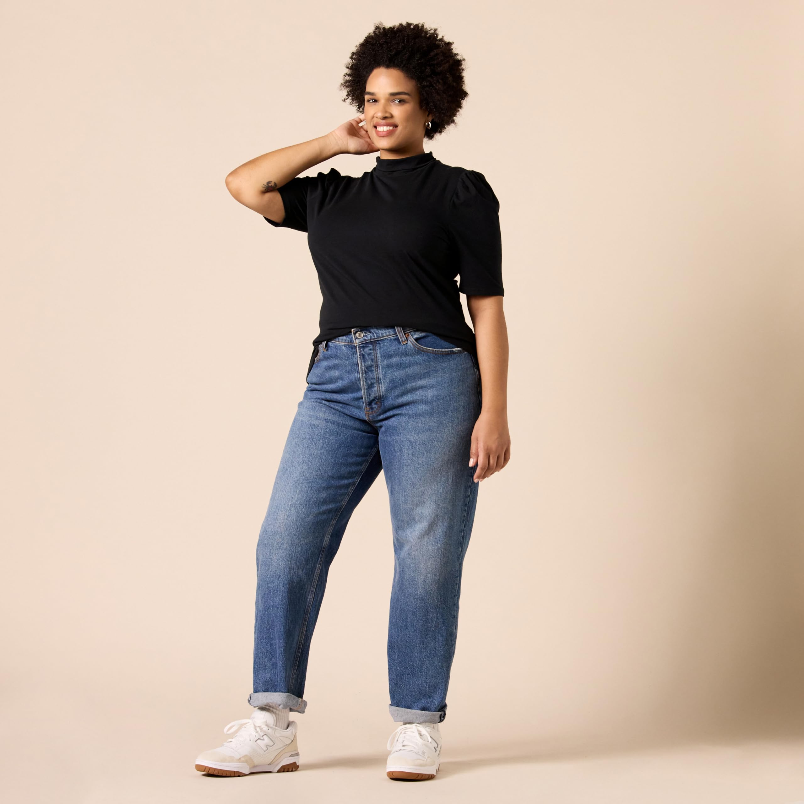 Amazon Essentials Women's Cotton Modal Draped Puff Sleeve Turtleneck