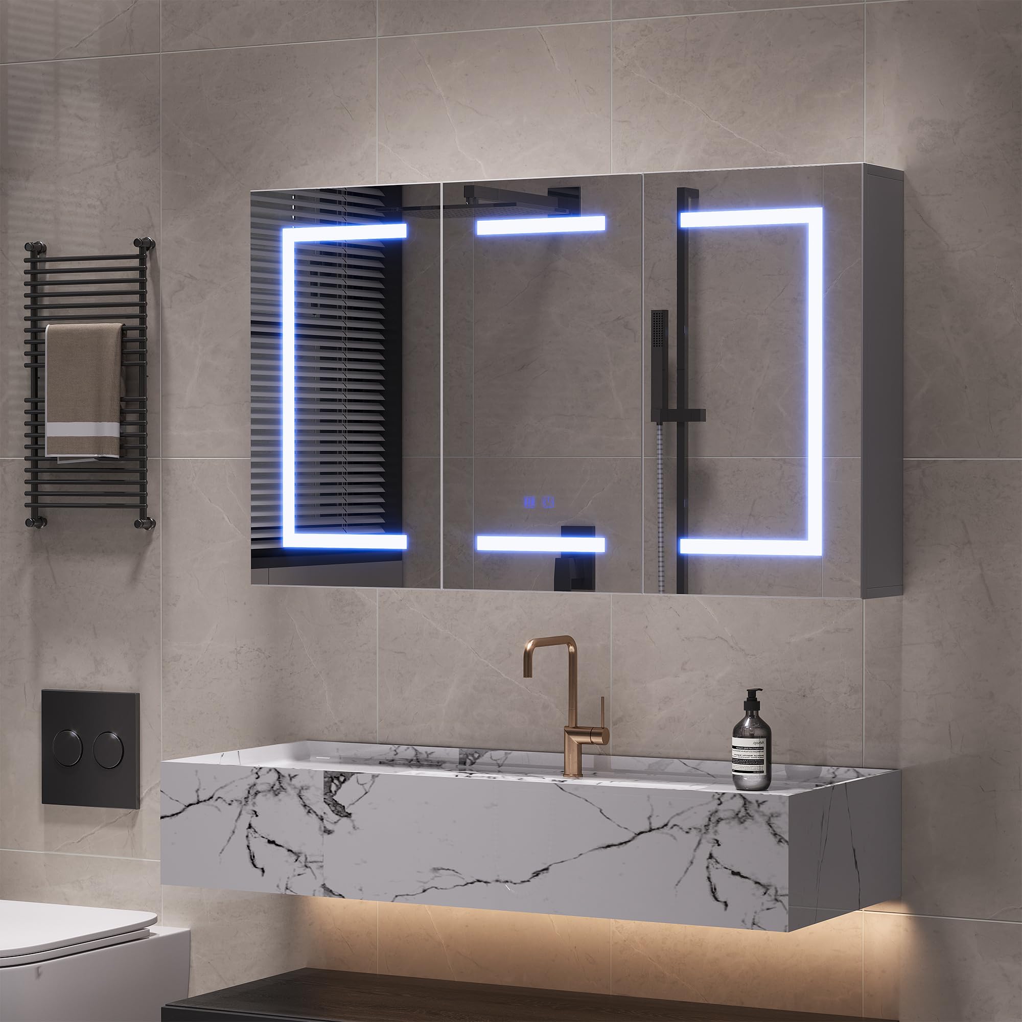Armario con espejo con iluminación led, gabinete de baño con 3 colores de luz, espejo de baño con almacenamiento y 3 puertas, armario con espejo con estante ajustable (blanco, 2, 100 x 60 cm)
