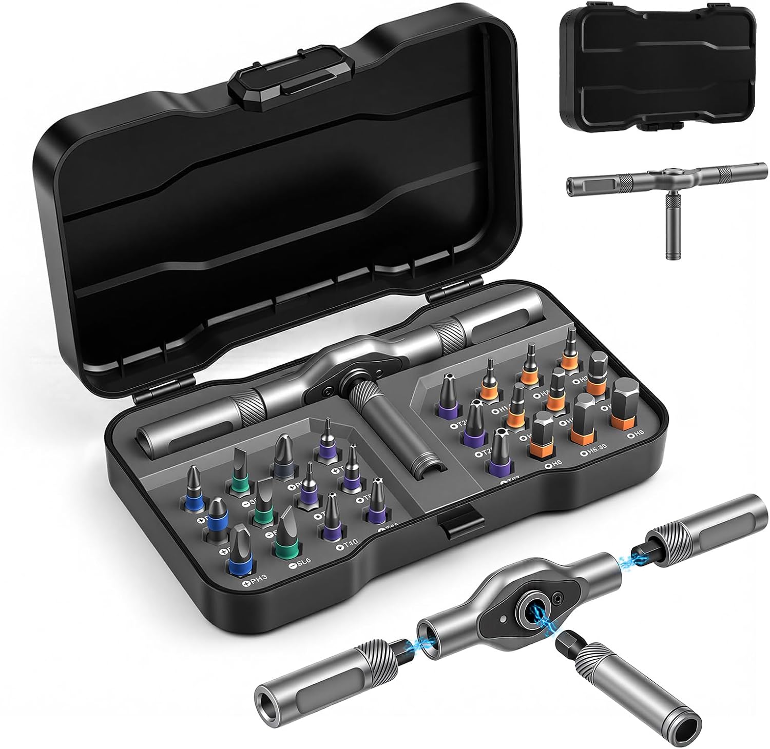 Ratchet Allen Wrench Set, Mini Ratchet Set, 24 in 1 Magnetic Screwdriver Sets Multi Bit Ratcheting Screwdriver Set with Storage Case S2 Steel Bits Suitable for Furniture Assembly