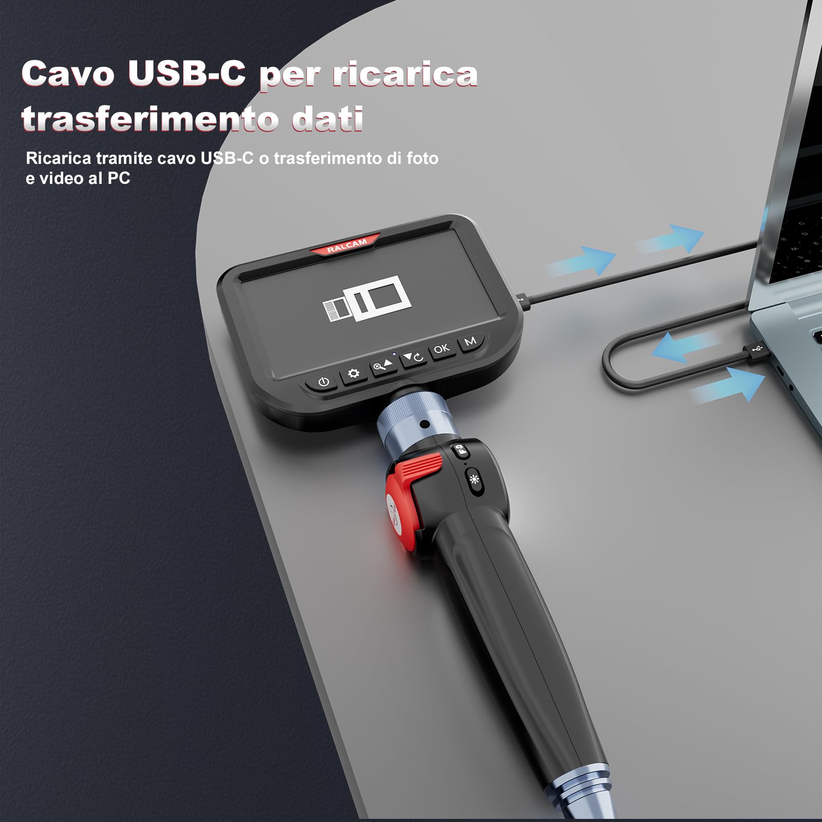 Ralcam Telecamera Endoscopica con Luce, Borescopio Doppio 6,5 mm con Testa Mobile 180°, Schermo HD IPS da 5", Telecamera di Ispezione Impermeabile IP67 con Cavo Semirigido da 1,5 m
