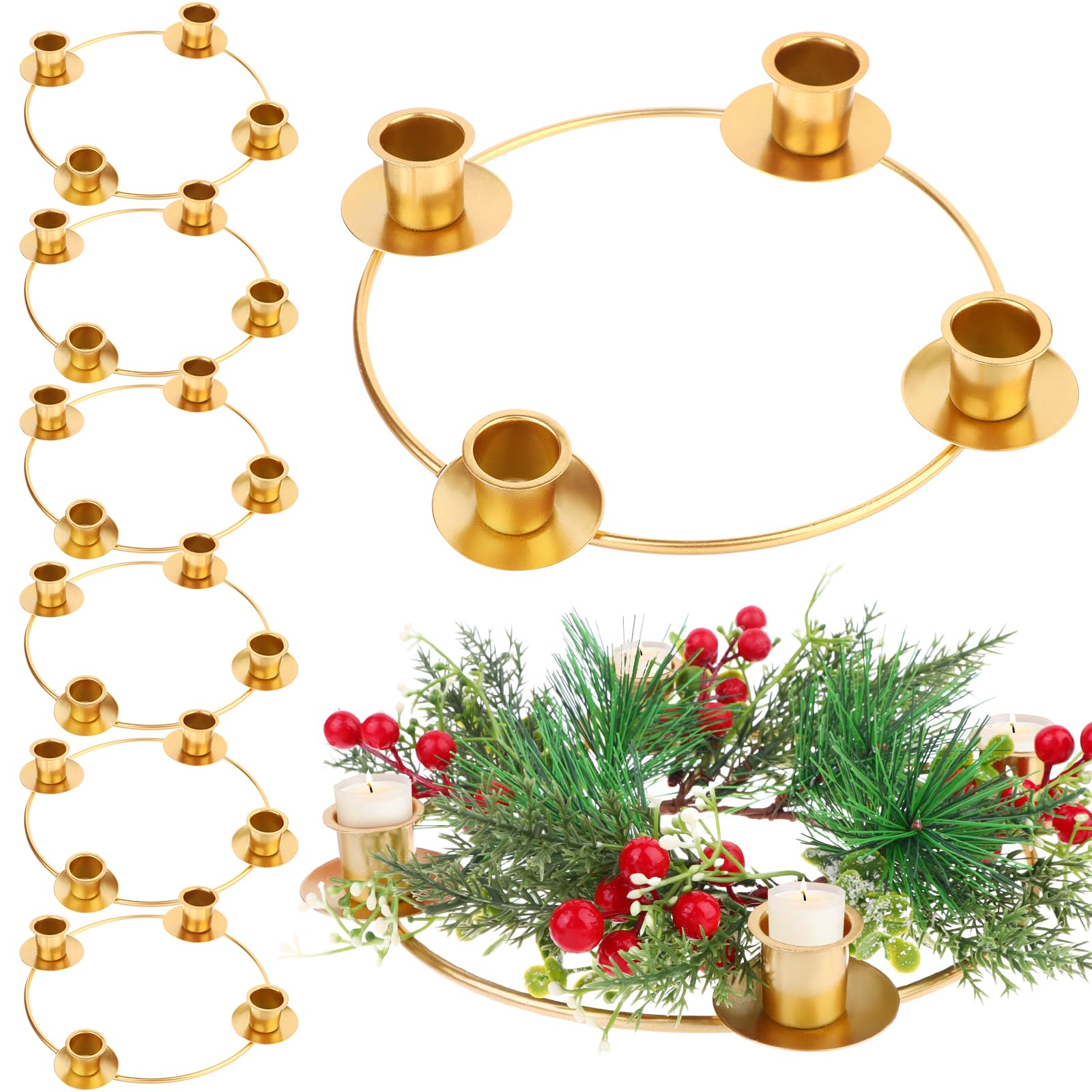8 PCS Flower Advent Wreath Ring, Christmas Advent Wreath Ring Candle Holder, Christmas Gold Advent Holder, Advent Wreath Candle Holder Metal Gold Advent Candle Holder for Christmas Advent Home Decor