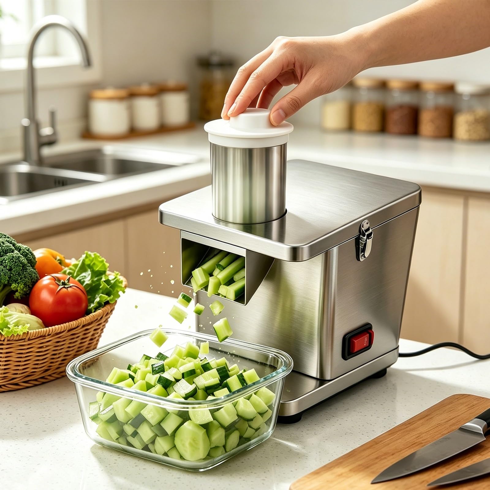 Elektrischer Gemüsezerkleinerer, 200 W, mit Schneiden, Raspeln und Würfeln. | Küchenmaschine, schneidet Zwiebeln, Kartoffeln, Karotten, bereitet Salate zu, ideal for private und gewerbliche Küchen.