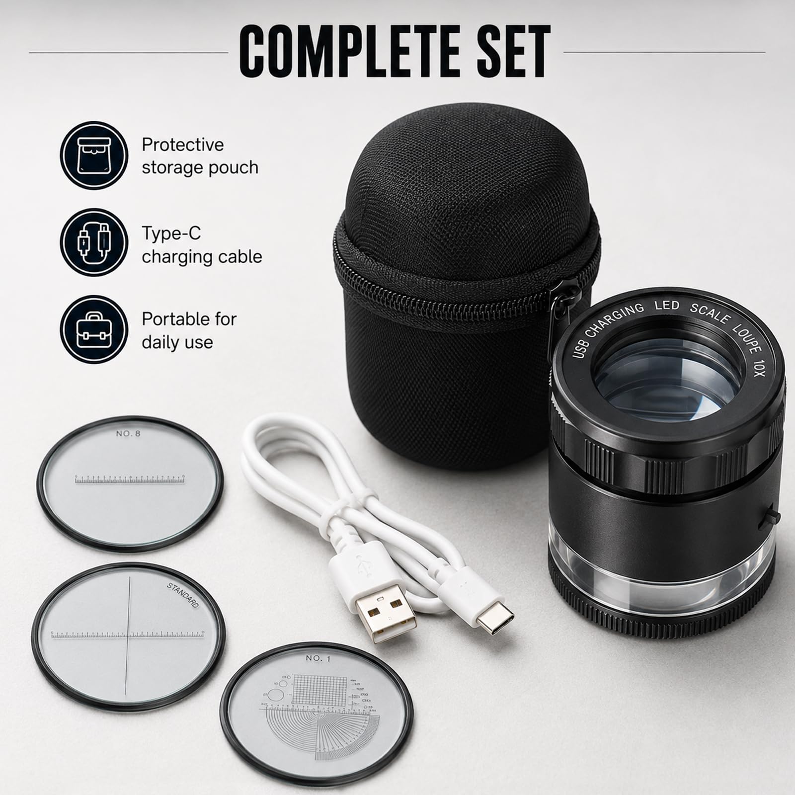 Lupa Recargable para joyeros con Luces LED y 3 Escalas de retícula, Campo de visión de 25 mm, Lupa de Ojo de Enfoque Ajustable para Gemas, Monedas, Relojes, Sellos, Plantas