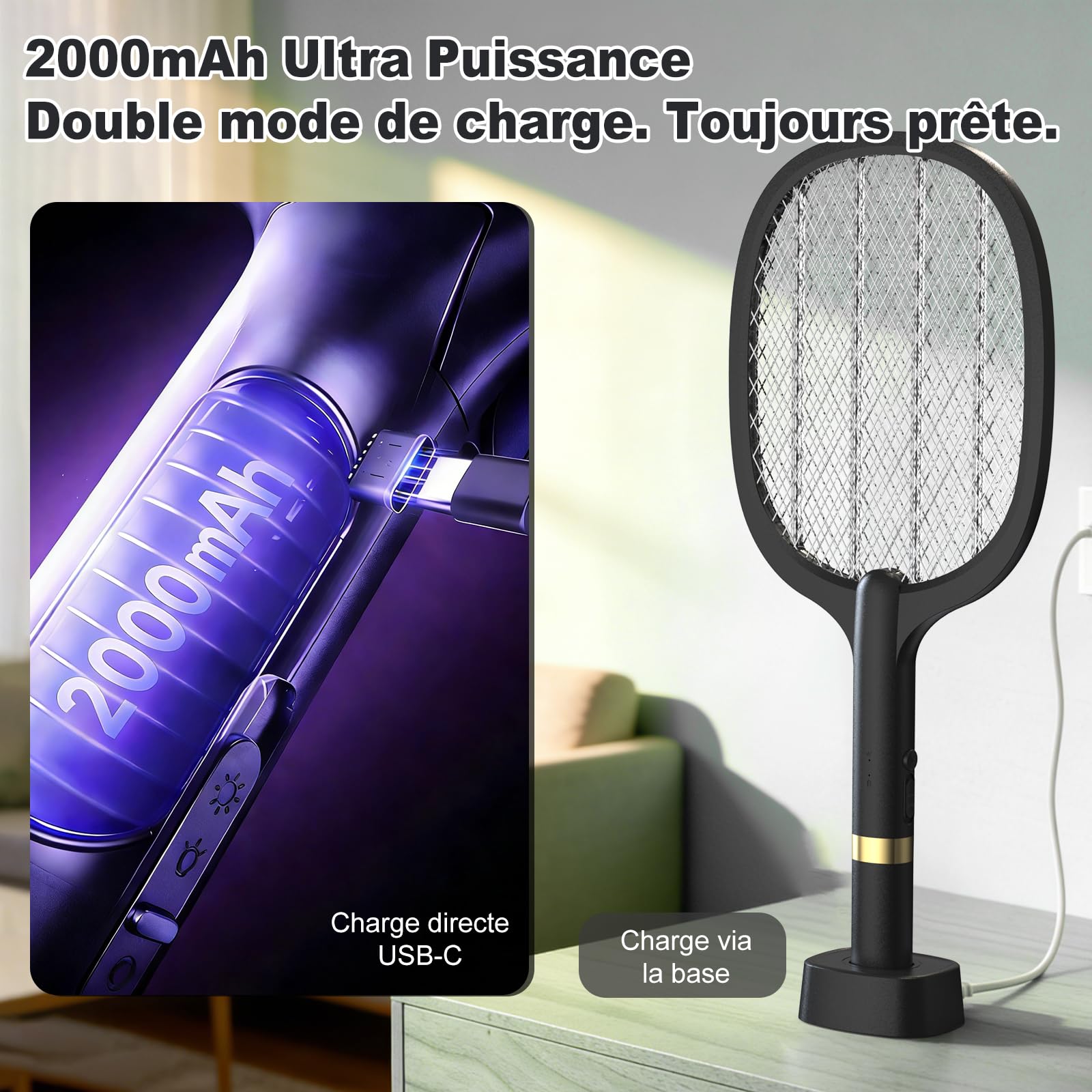 Raquette Moustique Electrique 5000V, Raquette Anti Moustique Rechargeable USB-C avec Base, Batterie 2000mAh, Tapette à Mouche Électrique 2 en 1 avec Lampe UV, Idéale pour Intérieur, （Noir, Lot de 2）