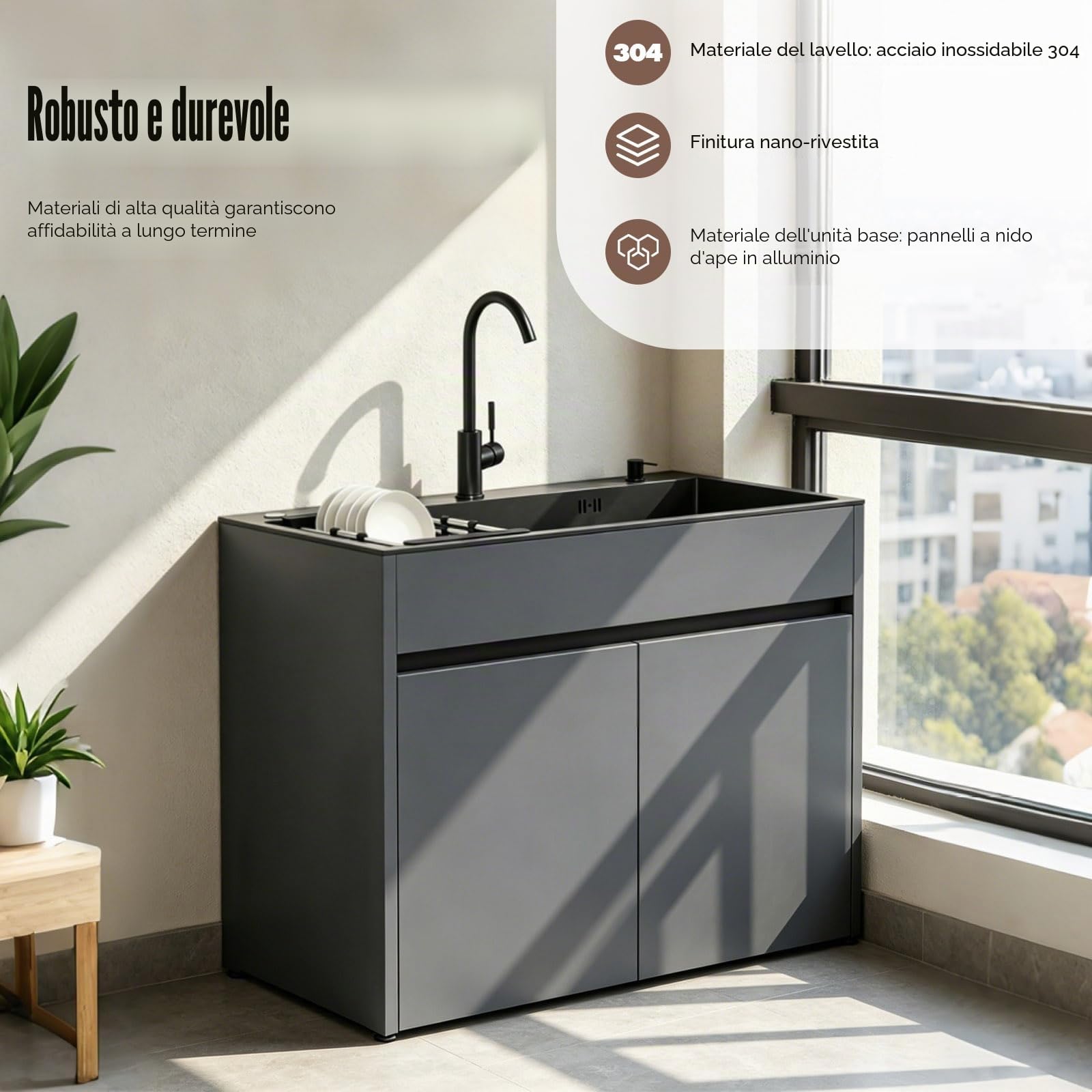 Lavello da Esterno Autoportante con Mobile per Giardino e Officina, lavabo in acciaio inox nero, corpo in alluminio alveolare con piedini regolabili, miscelatore caldo/freddo e kit di scarico inclusi