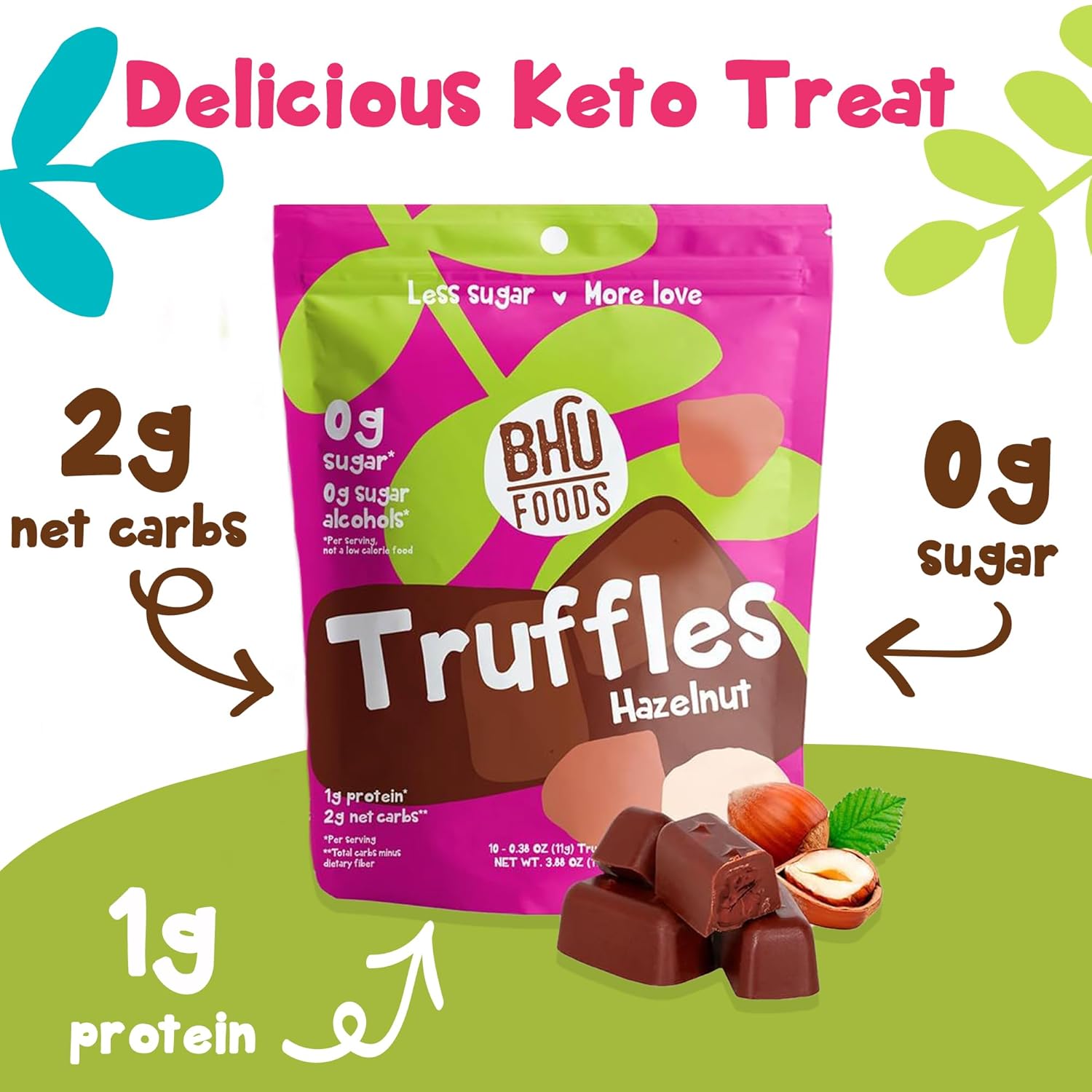 BHU FOODS Keto Fat Bombs, Organic, Vegan, Low Carb Sugar Free, Decadent Keto Candy made with Clean Ingredients, Hazelnut Chocolate Truffles (2 Bags)