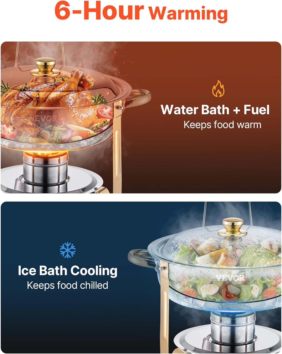 VEVOR Chafing Dish Buffet Set, 5 Qt 4 Pack, Stainless Steel Chafer with 4 Full Size Pans, Round Catering Warmer Server with Lid Water Pan Folding Stand Clip, for Weddings Parties Banquets, Gold