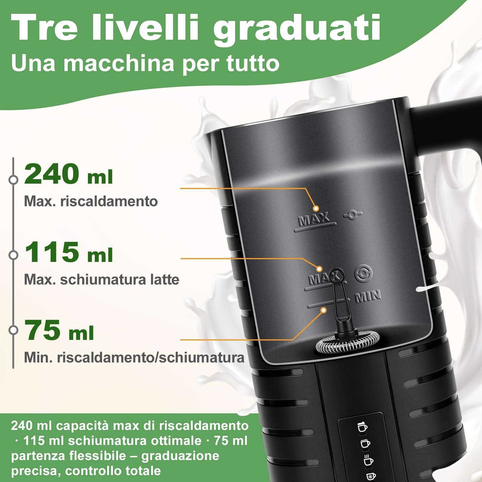 Montalatte, montalatte elettrico automatico con funzione One-Touch per caffè, latte macchiato, cappuccino, macchiato