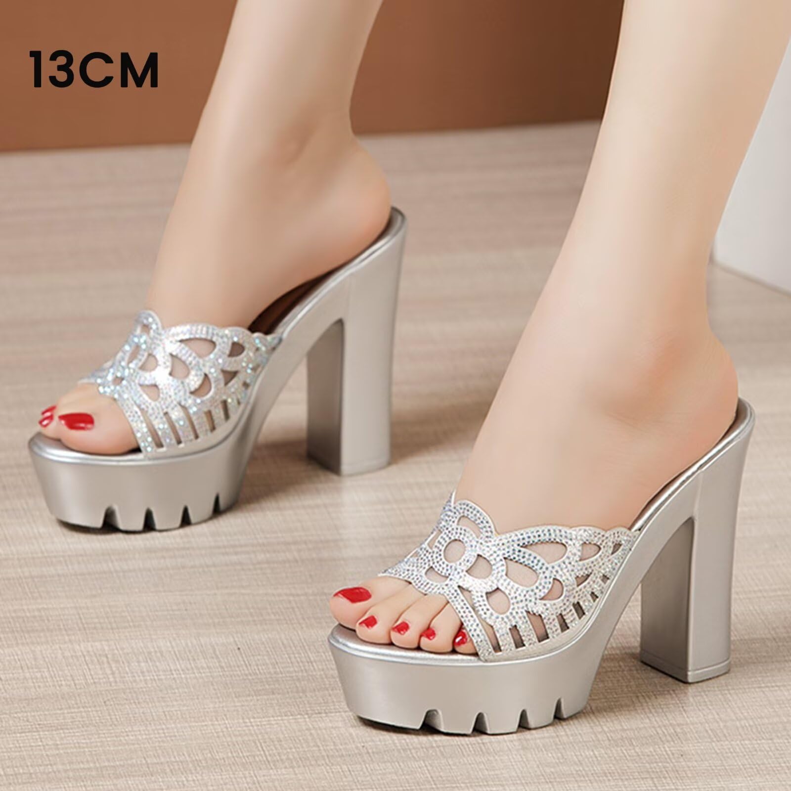 HNVAVQ Sandalias de Plataforma con Strass y Tacón Ancho Mules