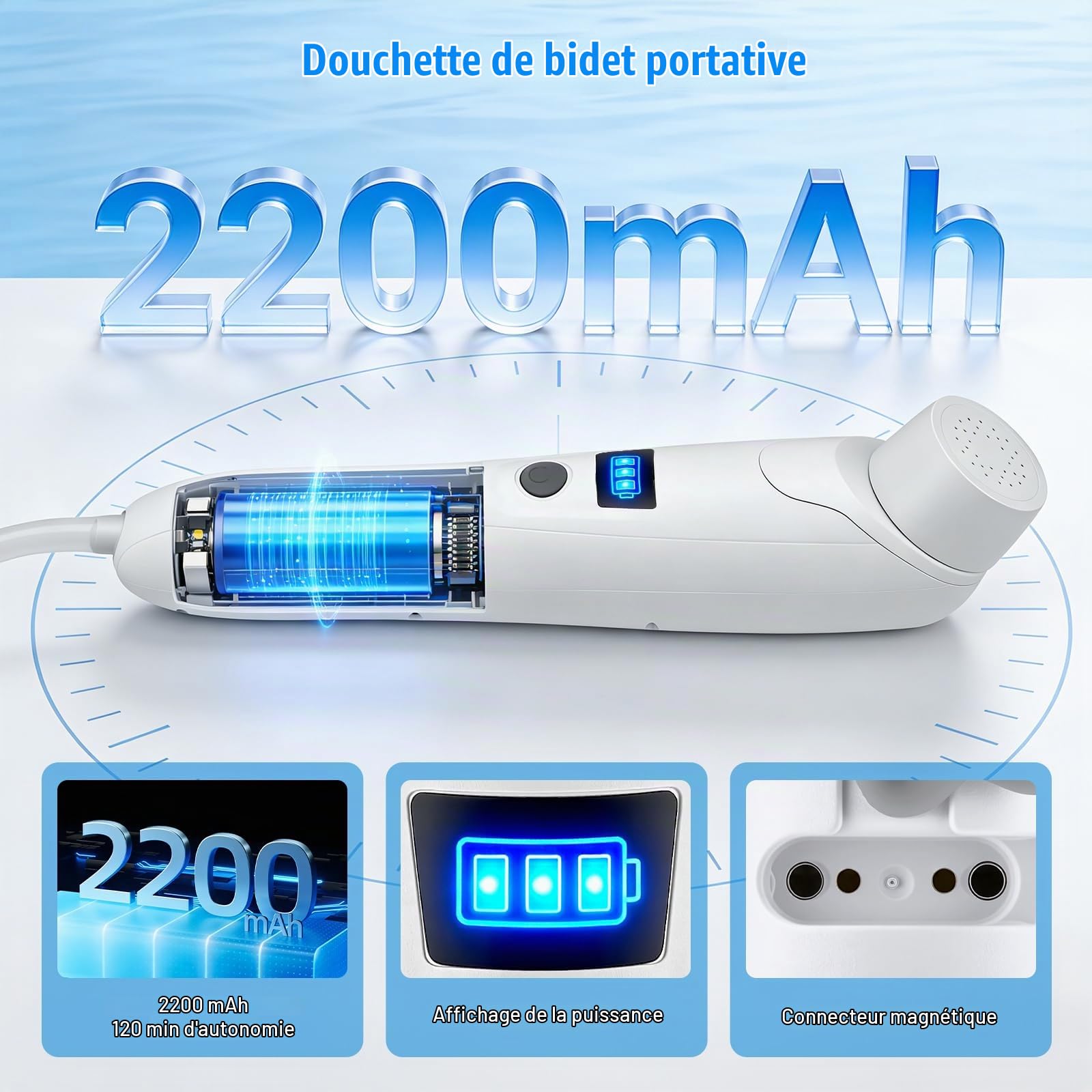 Bidet Portable 3L, Bidet Électrique de Voyage Rechargeable USB avec Batterie 2200mAh, IPX6 Étanche, Douchette à Main pour Toilettes Camping Randonnée, Hygiène Personnelle pour Femmes Hommes Seniors