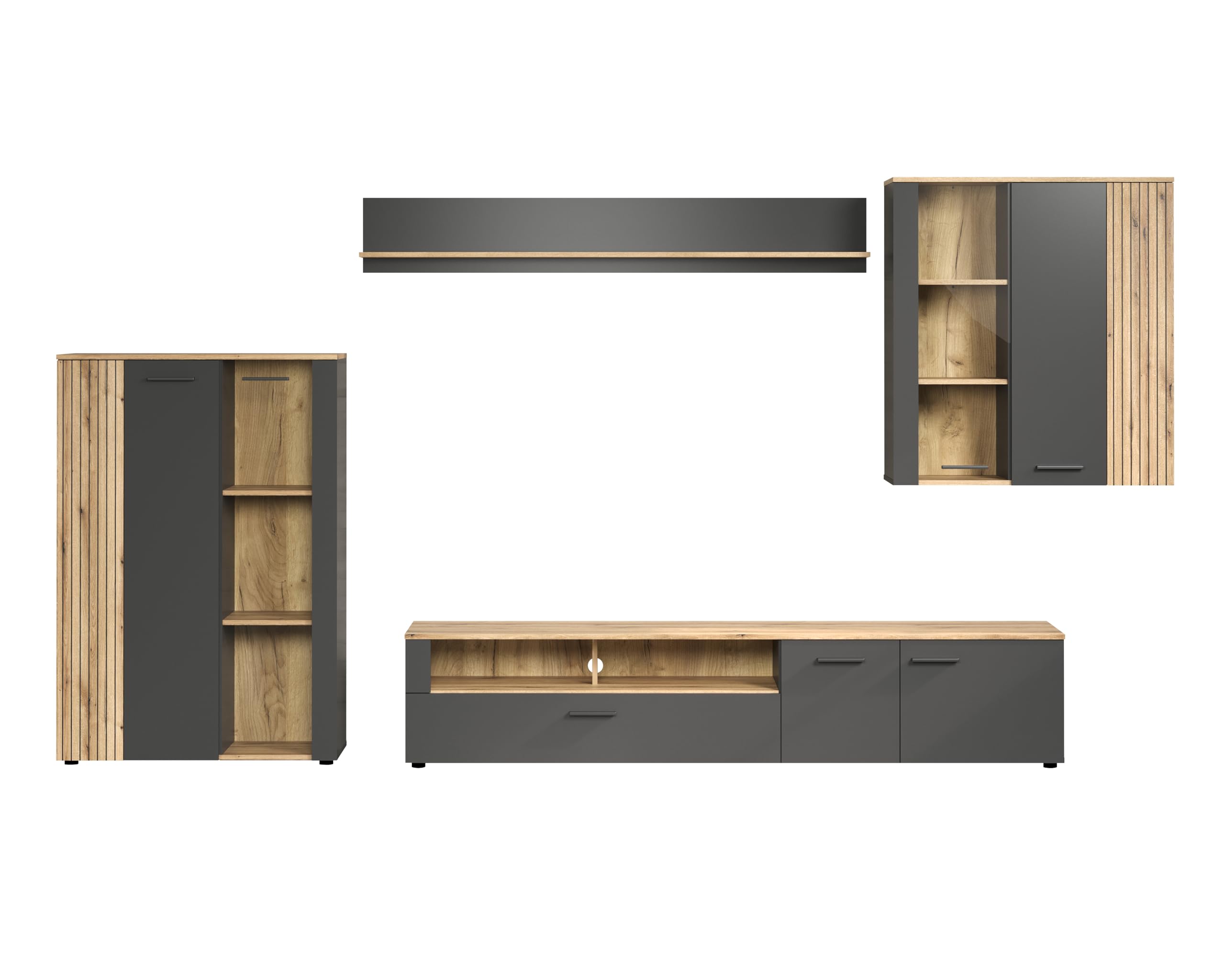 trendteam smart living - Anbauwand Wohnwand - Wohnzimmer - Esteban - Aufbaumaß (BxHxT) 300 x 200 x 41 cm - Farbe Anthrazit mit Coast Evoke Eiche - Rillenoptik - 231296184
