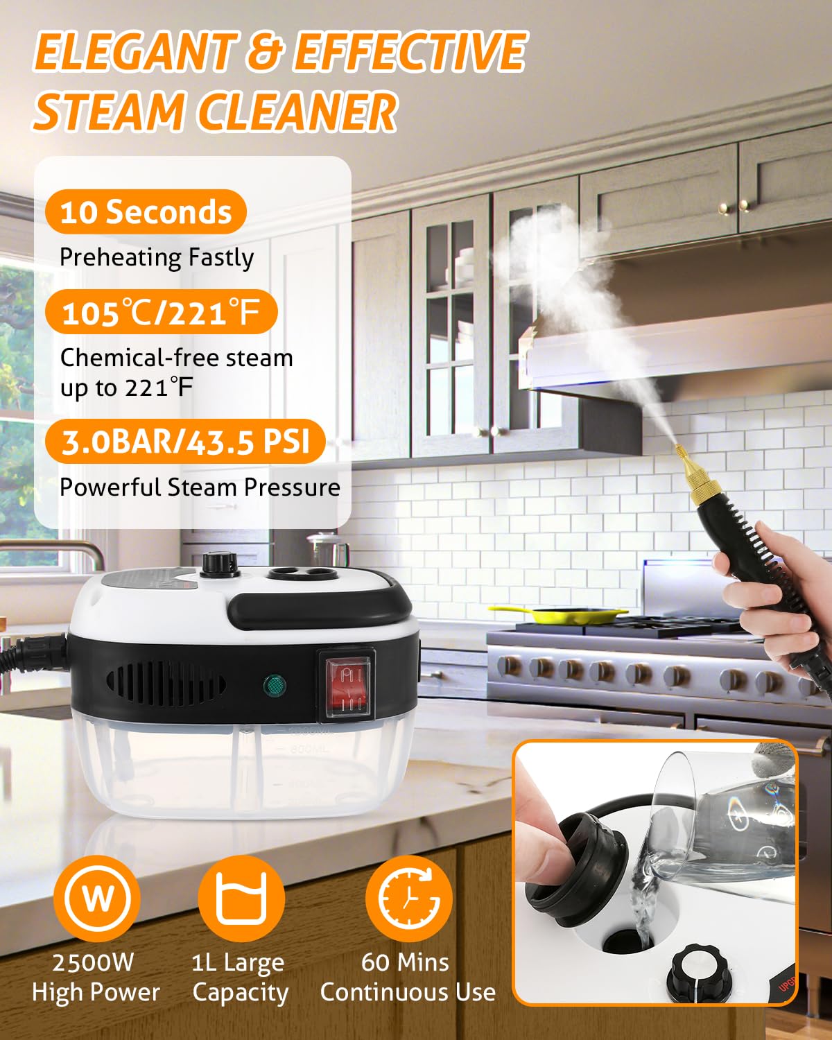WICHEMI Steam Cleaner 2500W Steamer for Cleaning High Pressure Handheld Steam Cleaner Portable Car Steamer for Auto Detailing Electric Steam Cleaning Machine for Home Kitchen Floors
