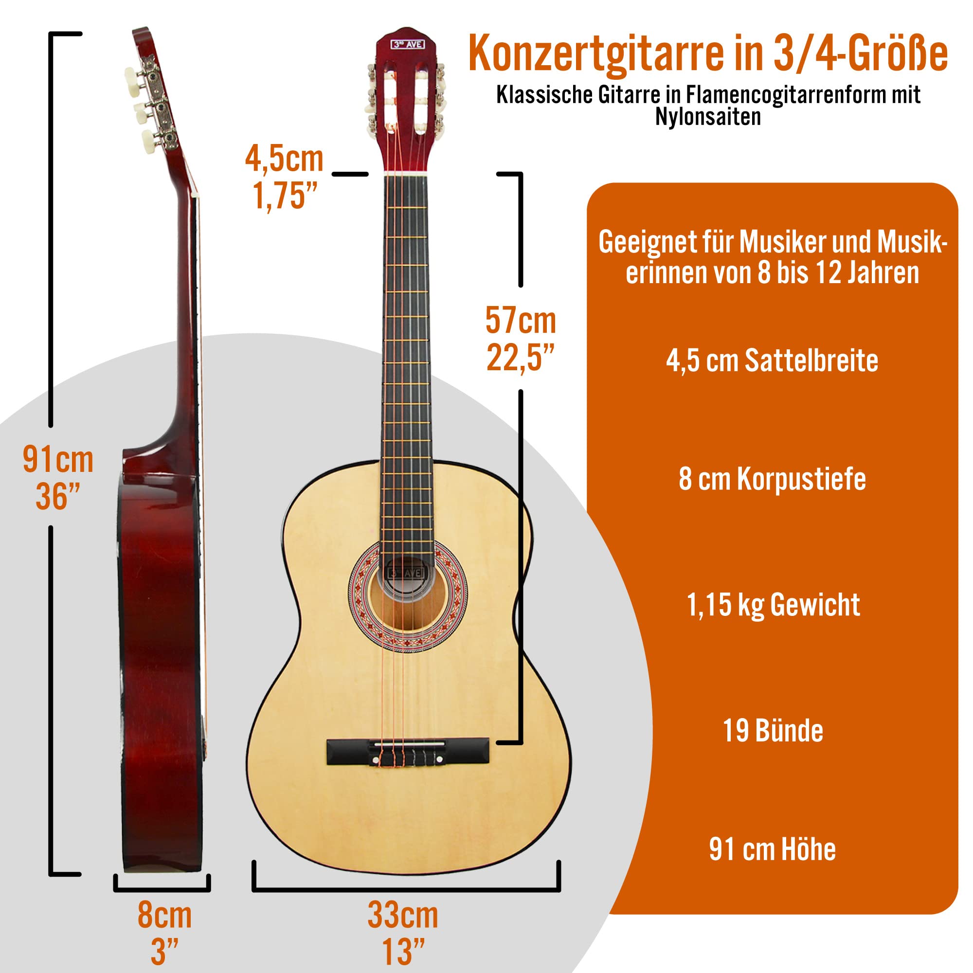 3rd Avenue 3/4-Größe Klassische Gitarre Für Kinder, Spanische Nylonsaiten, Anfängerpaket – Natur