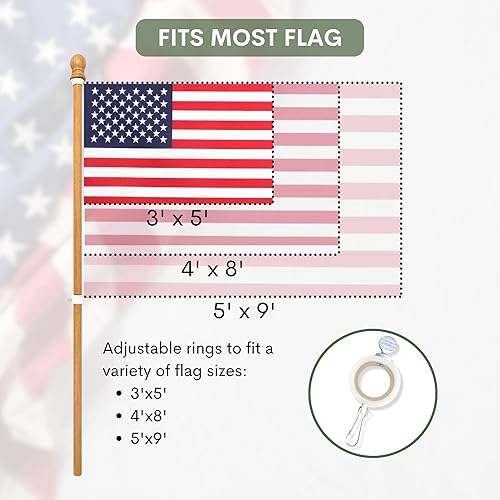 Miniatura 5 de ILOT Mástil de bandera de madera de 56 pulgadas para casa, paquete de 2 anillos giratorios ajustables sin enredos, resistentes para ajuste exterior,