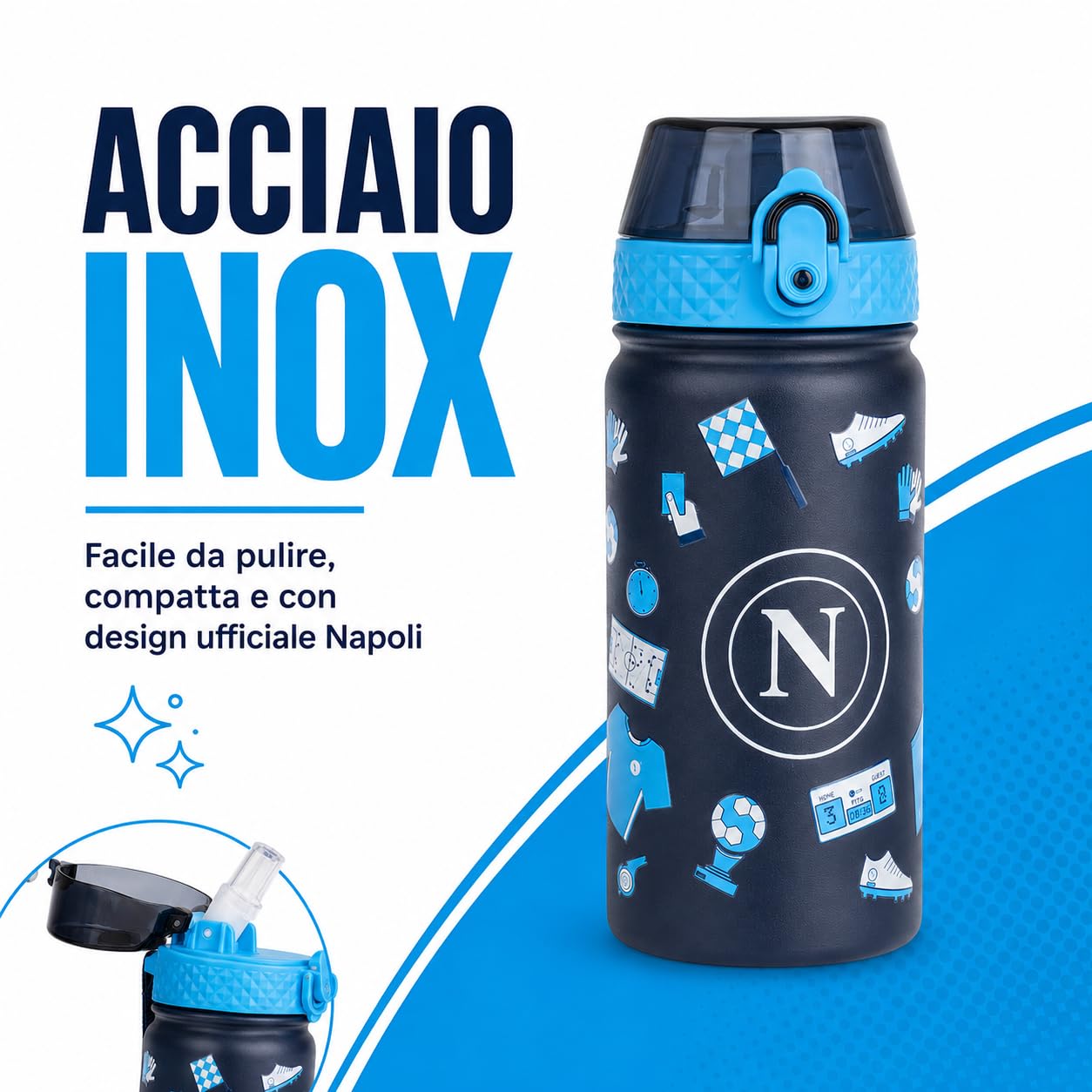 Colourbook Borraccia Termica Bambini 400 Ml Napoli Ufficiale, Acciaio Inox, 12 Ore Caldo Freddo, Beccuccio Silicone, Per Scuola Asilo Sport Piccoli Tifosi (Blu)