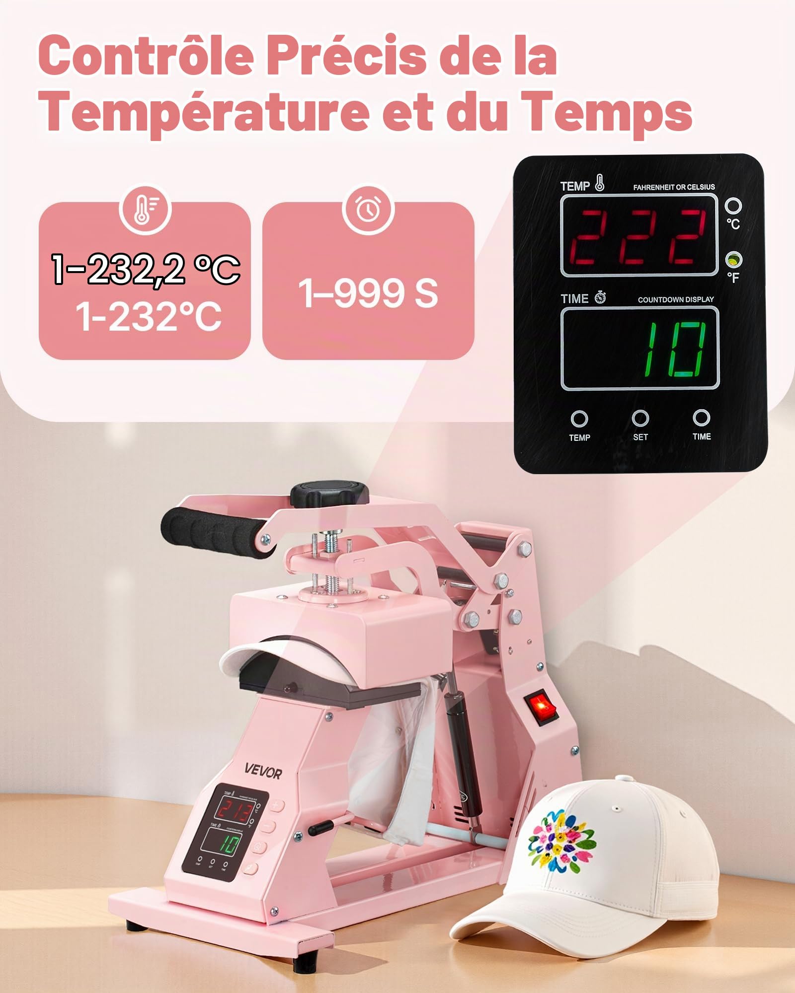 VEVOR Presse à Chaud pour Casquettes et Chapeaux, Presse de Transfert Thermique avec 4 Platines Interchangeables, Contrôle Précis du Temps et de la Température, Machine de Sublimation HTV, Rose