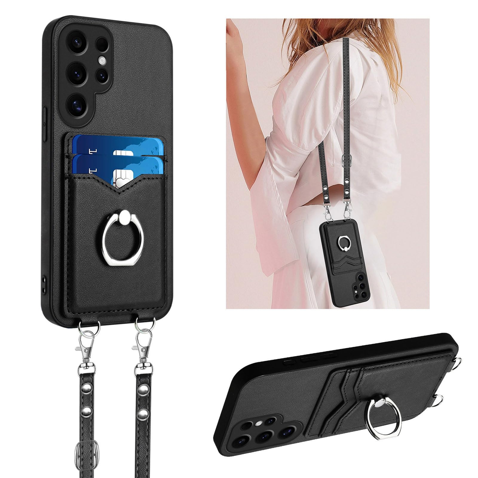 LEMAXELERS Compatible with Galaxy S25 Ultra Case with Card Holder and Ring Stand for Women, with Crossbody Lanyard Removable Shoulder Lanyard Strap