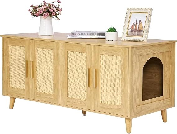 Compatible for Homhedy Boho Cat Litter Box Enclosure | Hidden Furniture with Double Rattan Doors | For 2 Cats(Na)