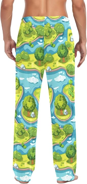 Men's Pajama Bottom Island River Landscape Pattern Cotton Pajama Pants Drawstring Sleepwear Long Pants Pockets