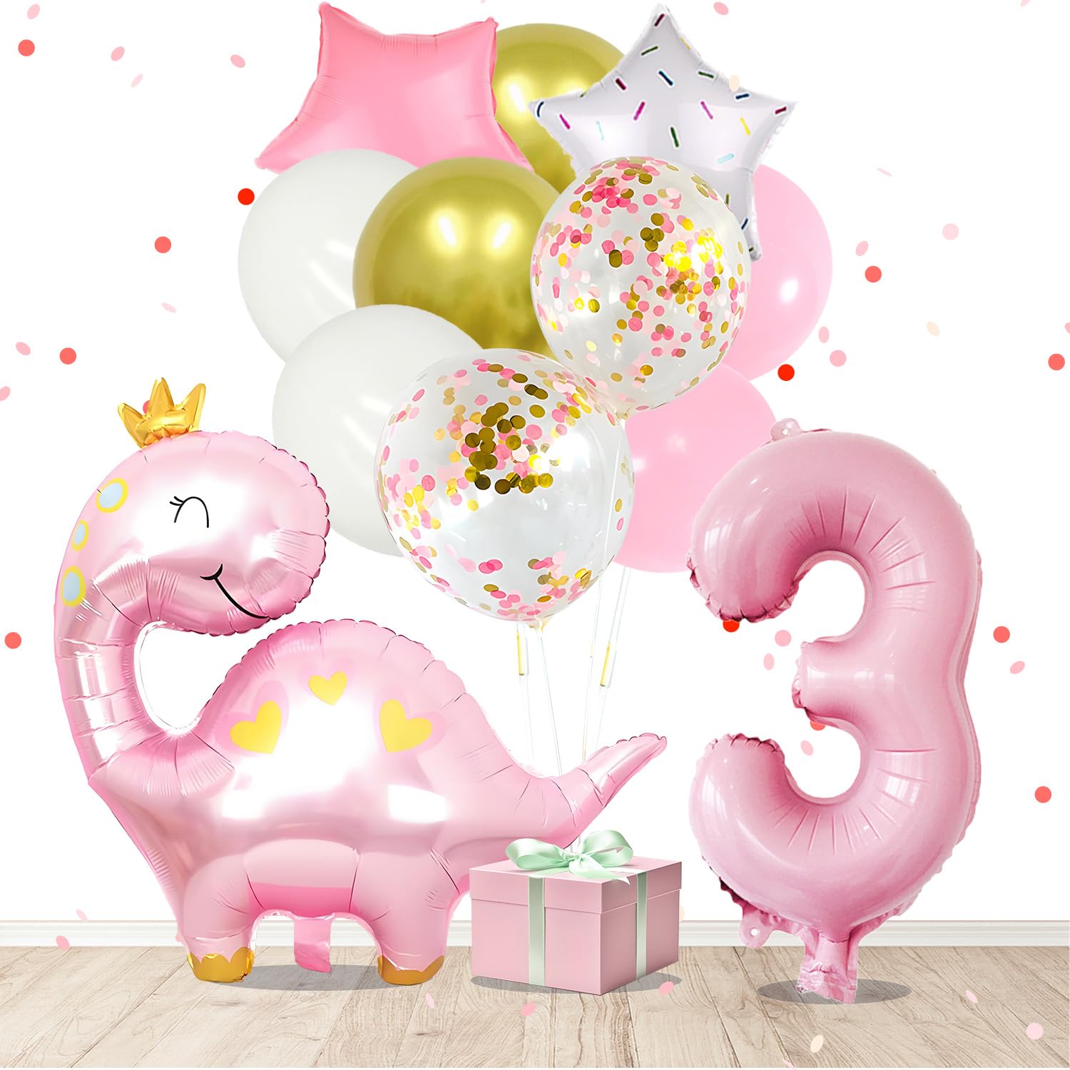 Pink Dinosaur 3rd Birthday Party Decorations for Girls, 12 Pcs Dinosaur Birthday Balloons, Dino Balloon and 40 Inch Number 3 for Dino Party Supplies (Pink Three)