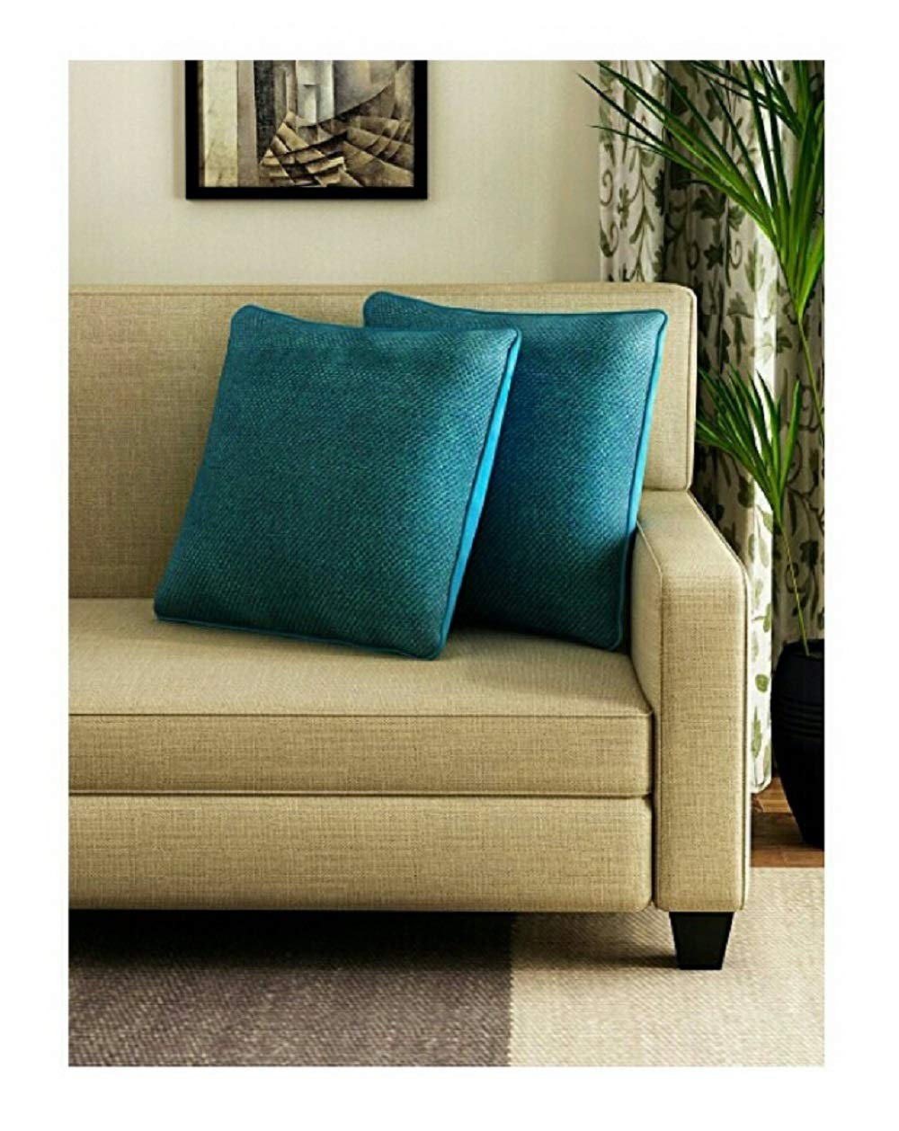 MONKDECORPlain Jute Cushion Cover (24x24 Inches) Set of 2 Pieces- Blue