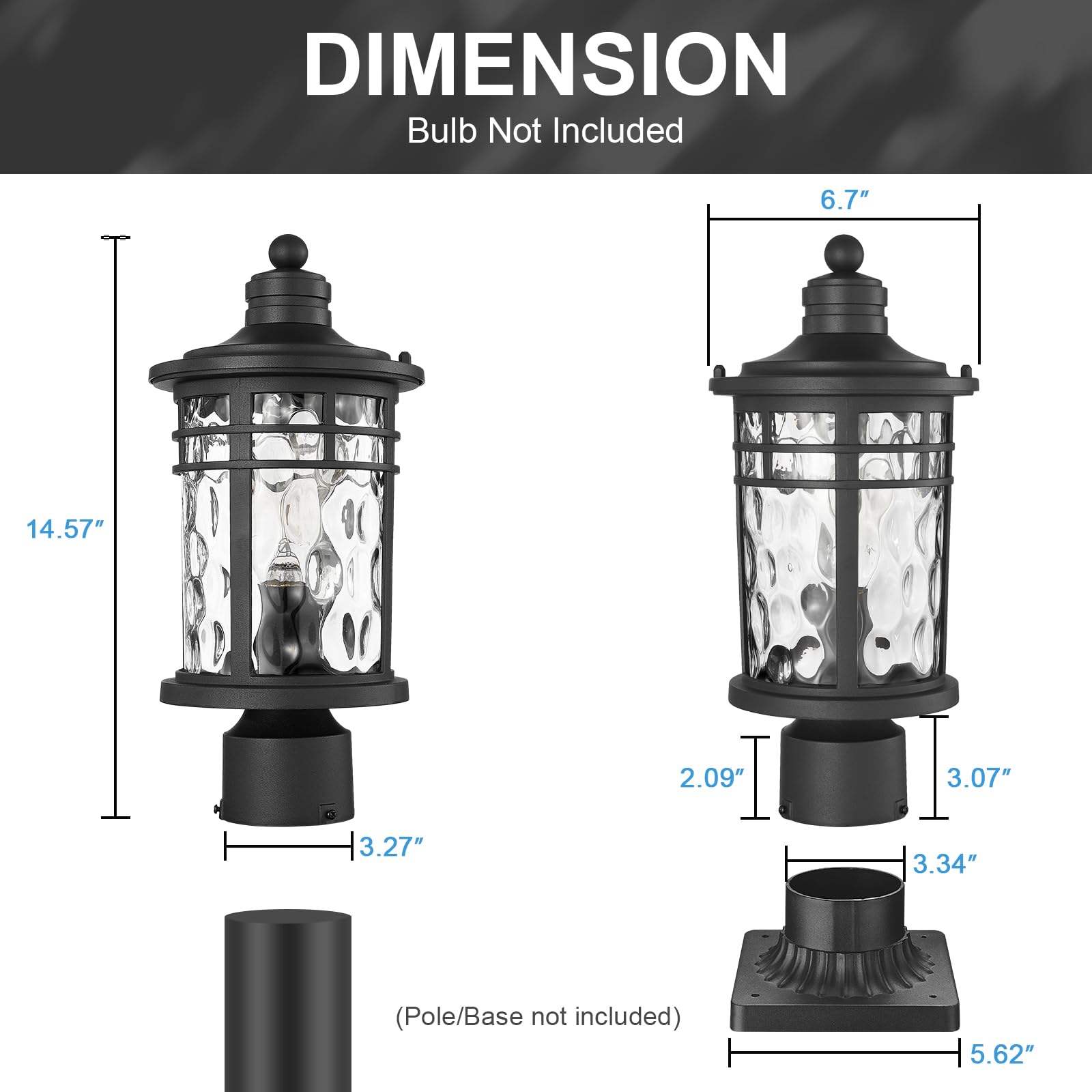 Darkaway Außenpfostenleuchten, Lampenpfosten, Außenbeleuchtung, Aluminiumpfosten, Außenleuchten mit Wasserwellung, Glas, Stangenleuchte für den Außenbereich, Terrasse, Hof, Garten