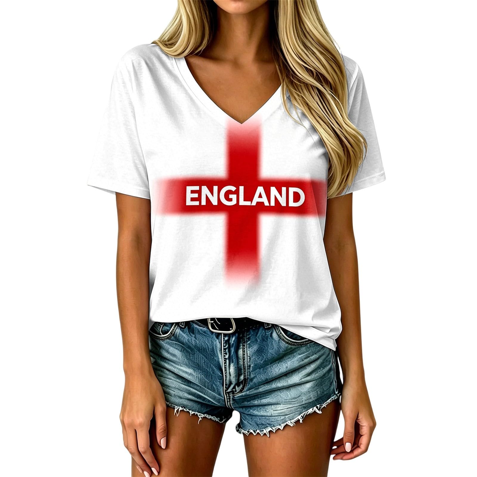 HOOUDO Womens England Football Shirt World Cup 2026 Short Sleeve Jersey Retro Graphic Printed V Neck Training Tops Breathable Lightweight Ladies Soccer T-Shirt Athletic Shirts