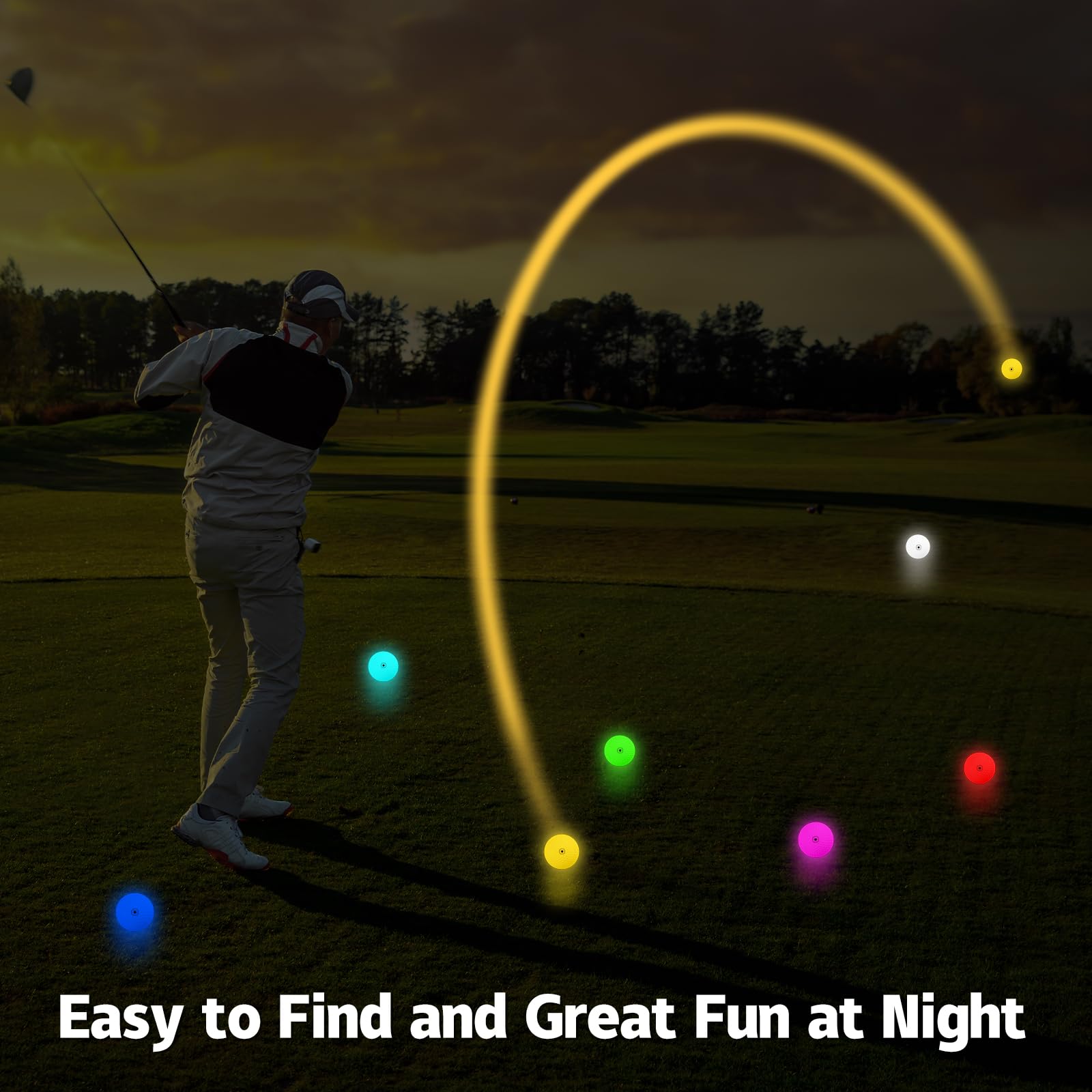 THIODOON Lot de 6 balles de golf phosphorescentes, activées par la lumière, 7 couleurs, restent éclairées, faciles à allumer et à éteindre avec lampe de poche
