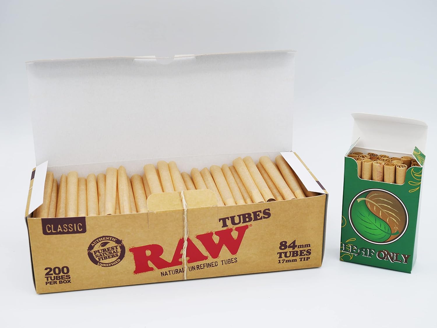 RAW Natural Unrefined Cigarette Tubes 200ct - Paper Tip - No Filter - Pre Rolled King Size RAW Tubes With Leaf Only Cigarette Box