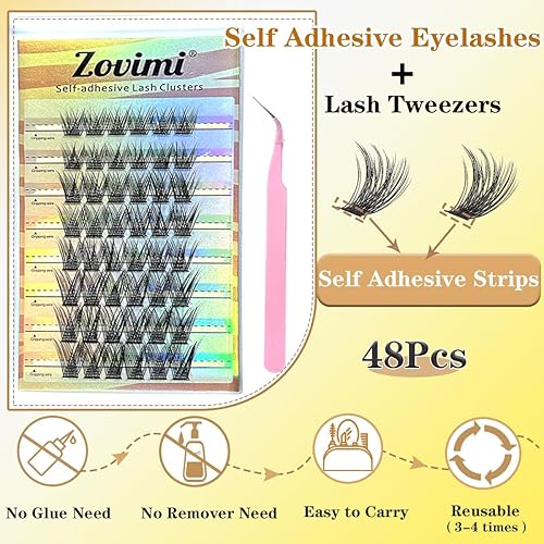 Miniatura 2 de Pestañas autoadhesivas, racimos de pestañas reutilizables, 48 unidades, pestañas individuales, sin pegamento, rizo C, extensiones de pestañas de