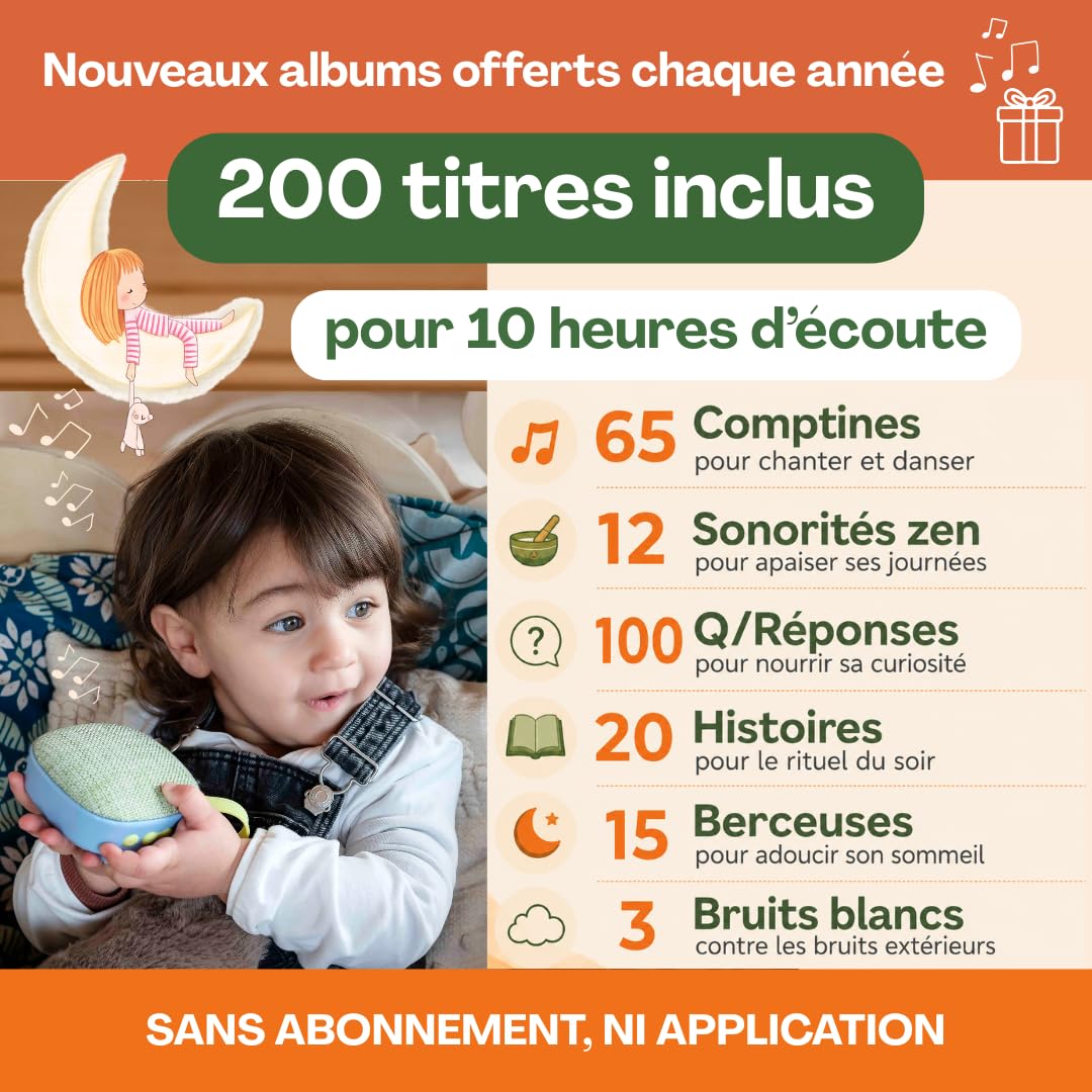 MAIASAURA - Caja de historias y música para niños con 200 títulos incluidos | 10 horas de contenido, graba su voz y contenido MP3, 10 horas de autonomía, sin ondas y sin pantallas, ligero