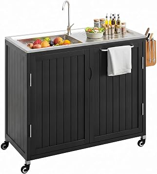 Outdoor Kitchen Island with 304 Stainless Steel Sink and Large Storage Cabinet,Solid Wood Grill Cart,40-Inch BBQ Prep Station with Sink & 360 Lockable Wheels for Patio, Backyard, Outdoor Party, Black