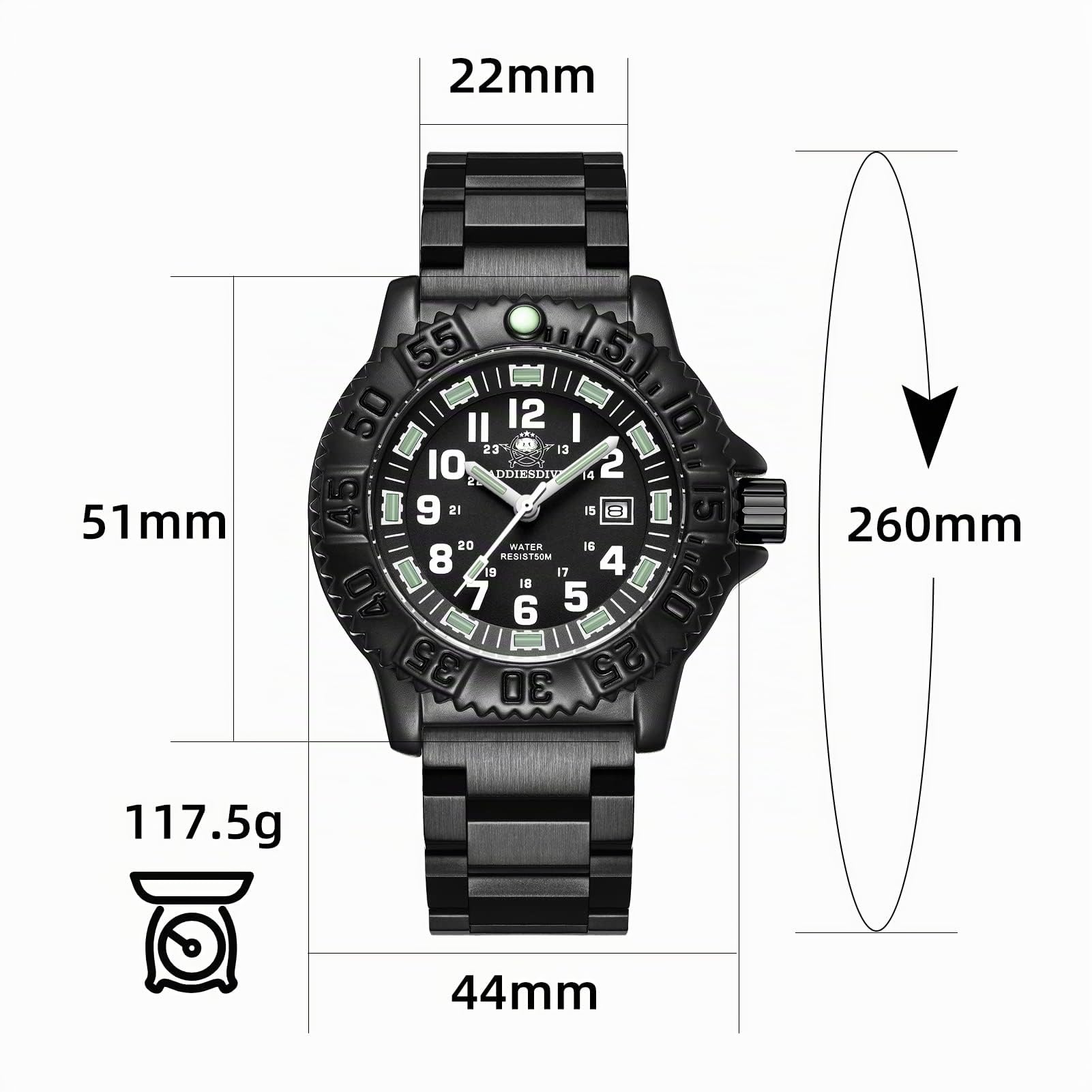 Addiesdive - Reloj de pulsera para hombre, analógico, de cuarzo, deportivo, acero inoxidable, Negro , Pulsera