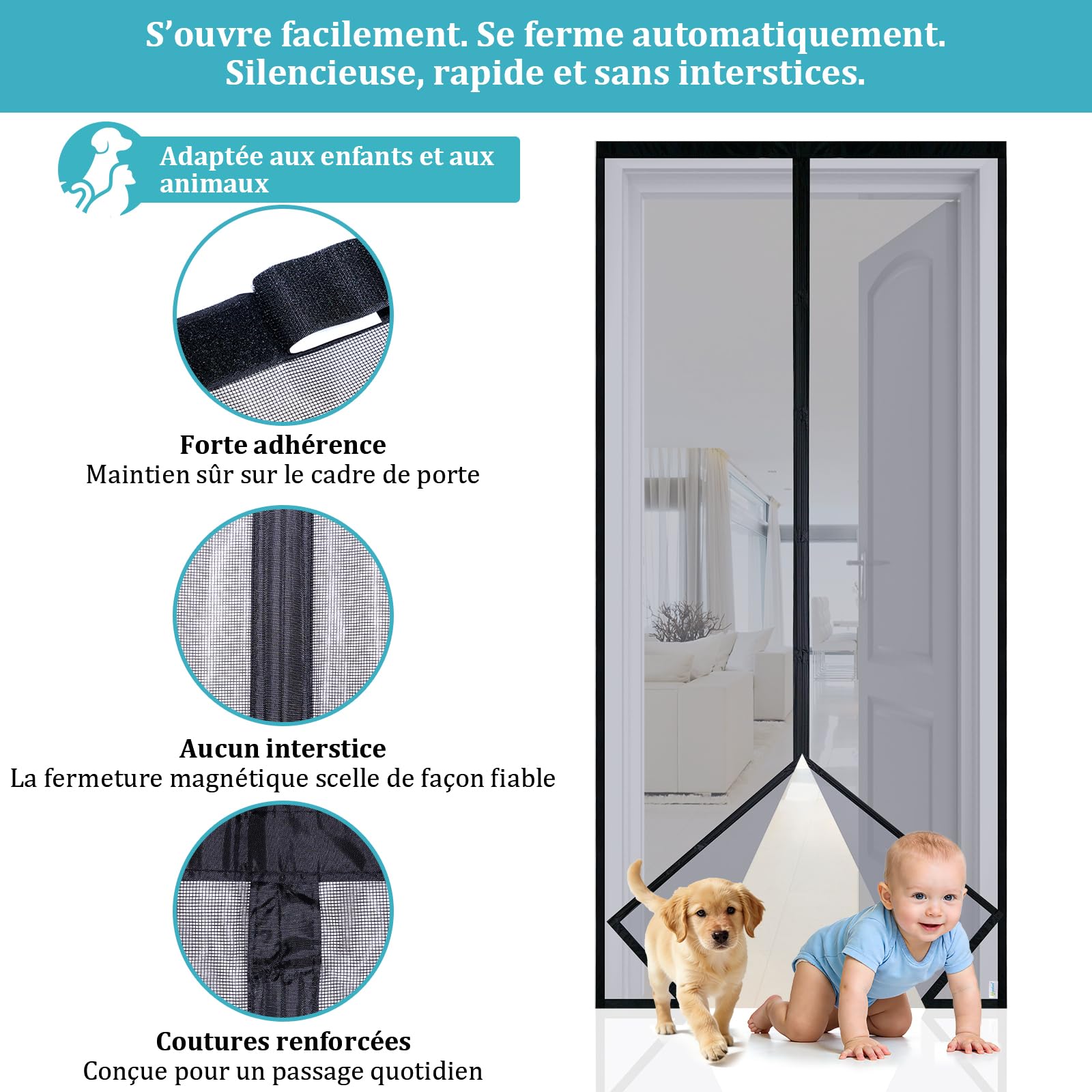 Apalus VP Moustiquaire Magnétique Pour Porte – Maille Ultrarésistante, Joint Magnétique de Haut en Bas, Fermeture Automatique, Garde l'Air Frais à l'Intérieur (90x210,Noir)