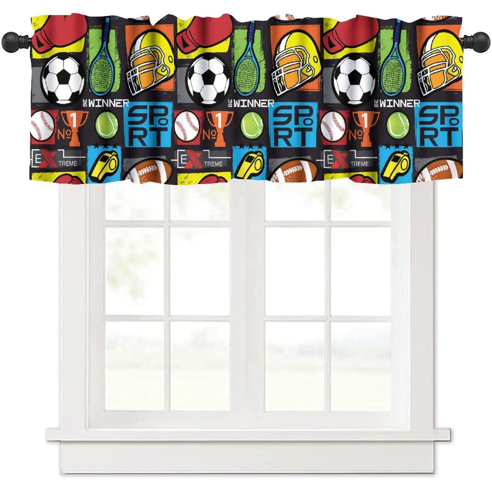 moderw Sports Valance Curtain Basketball Soccer Baseball Football Sport Game Theme Window Treatment Valance for Kids Boys Girls Bedroom Living Room 54x18inch