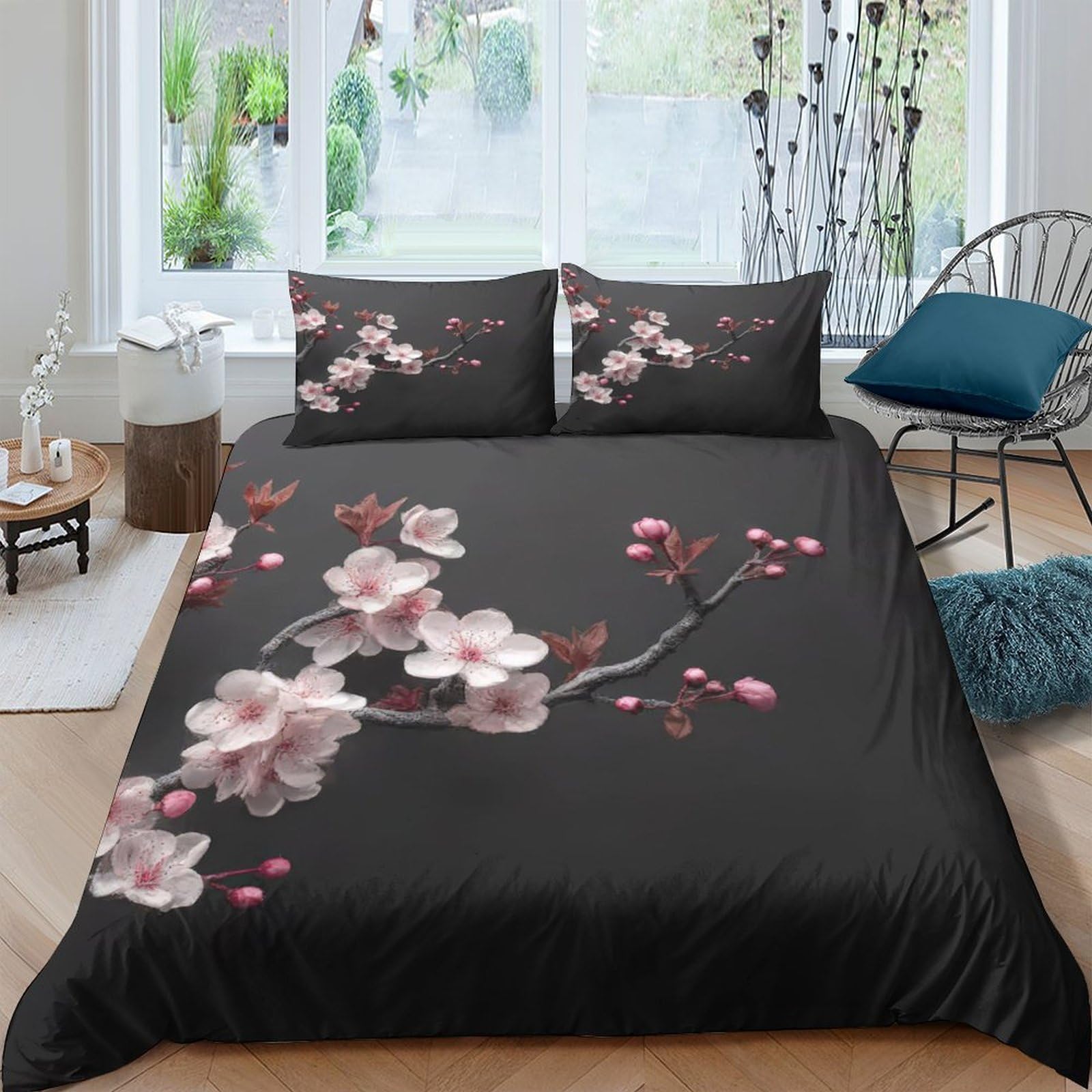 Ctjqhvkz Style-3 3D Printed Sakura Blossom Fitted Sheet Microfiber Soft Black Floral Plum Mattress Cover For Bedroom Decor Single（135X200cm）