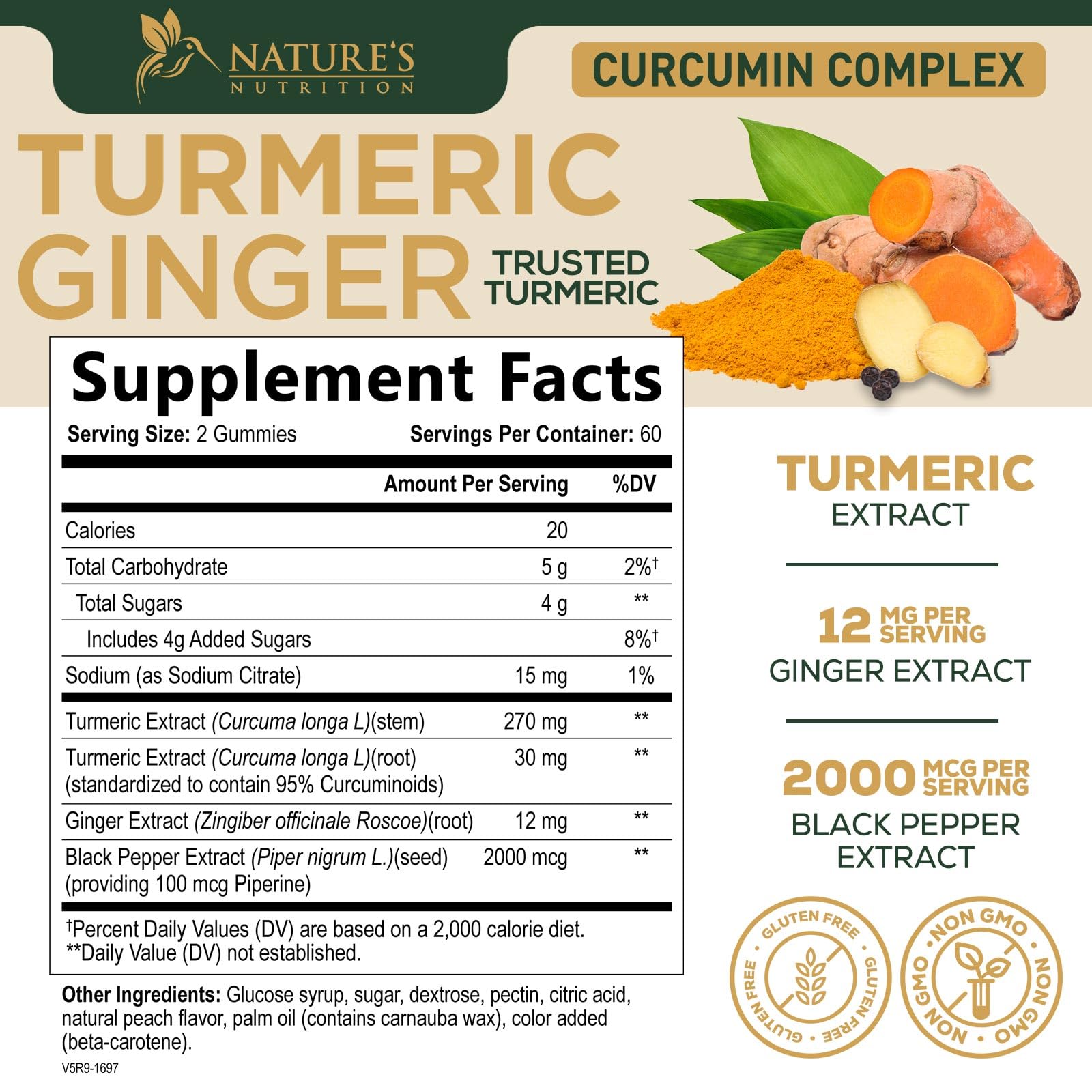 Turmeric Gummies - 95% Curcuminoids - Best Turmeric Curcumin Supplement with Ginger, Black Pepper for Enhanced Absorption, Natural Vegan Joint Support Curcumin Gummy - Tasty Peach Flavor - 120 Gummies — Amazon image 2