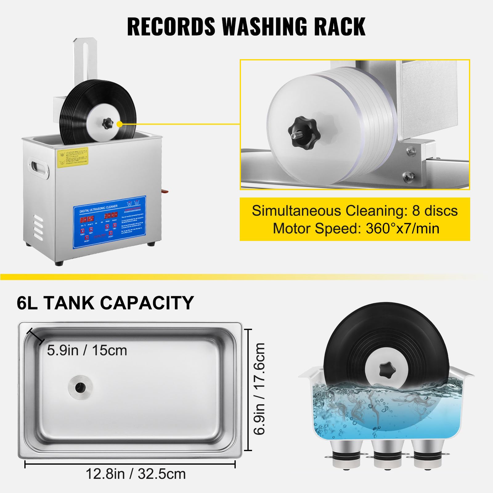 Limpiador ultrasónico de Discos de Vinilo con Temporizador Digital y Calentador Limpiador de Discos de Acero Inoxidable de 180 W y 6 l para joyería Retenedor de Relojes Gafas Dentadura postiza Más