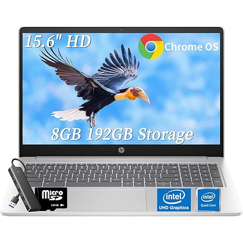 HP 15.6" Chromebook Premium Laptop for Student Business, Chrome OS, 8GB RAM, 192GB eMMC(64GB eMMC + 128GB MicroSD), 15.6" HD Anti-Glare Display, Intel Quad-Core N200, Intel UHD Graphics, w/Accessories