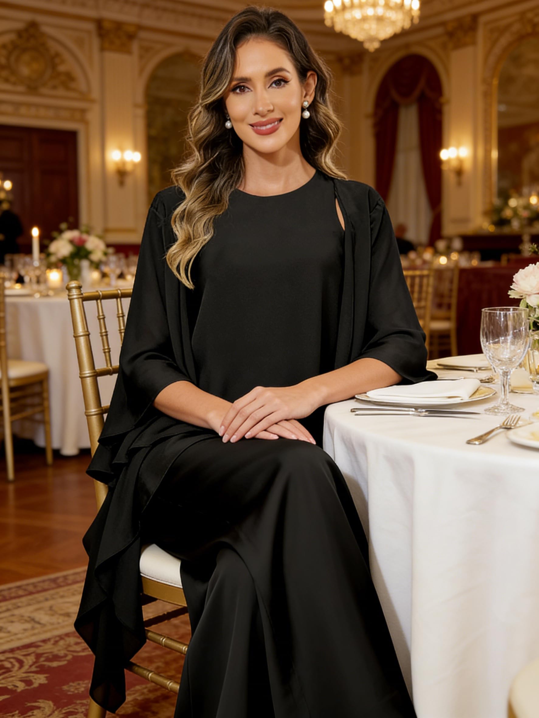 3 Stück Hosenanzug Damen Festlich Elegant,Chiffon Rüschen Mutter der Braut Hosenanzüge 3/4 Ärmel Hochzeit Jumpsuits
